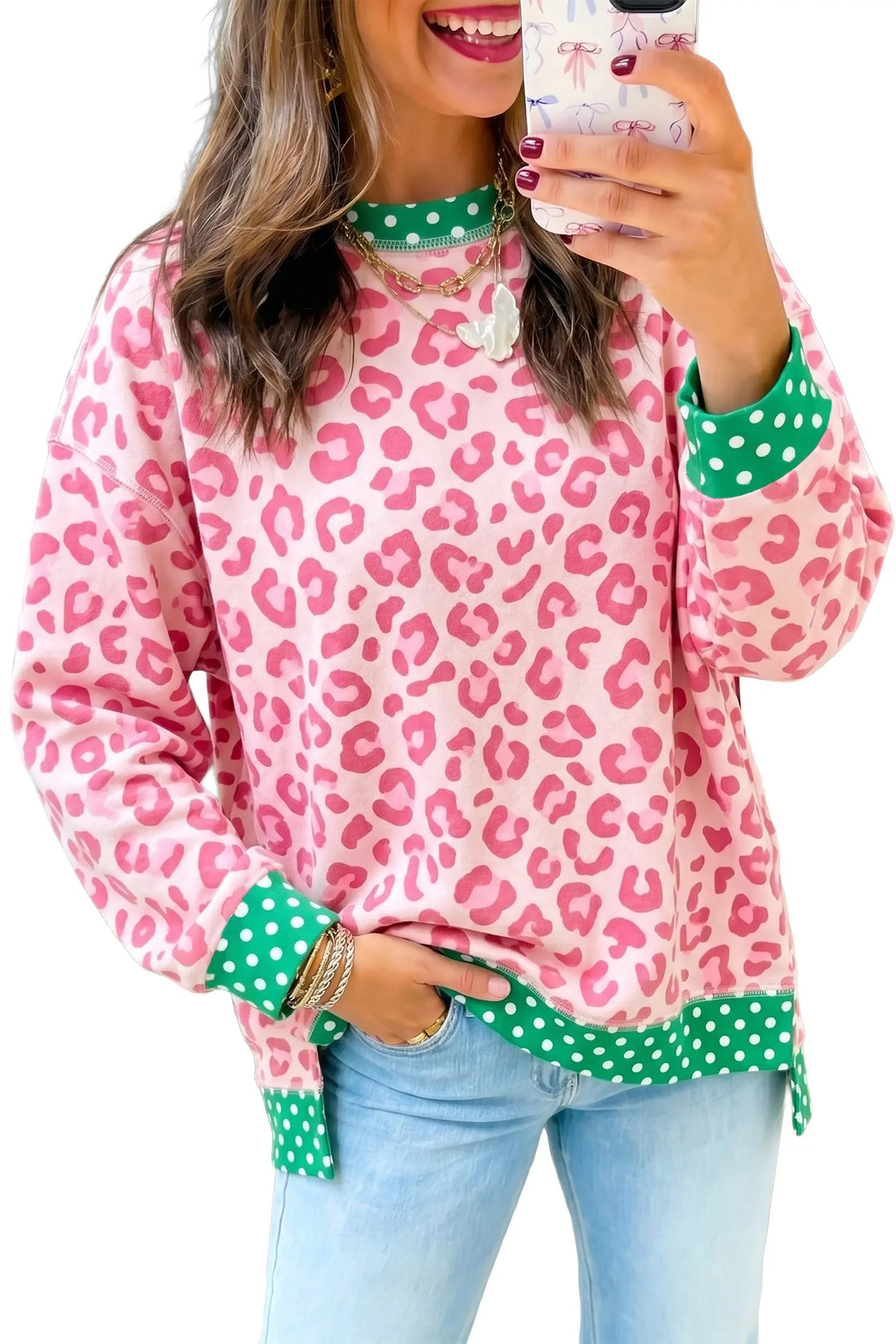 Leopard Polka Dot Colourblock Trim Long Sleeve Top – Khaki