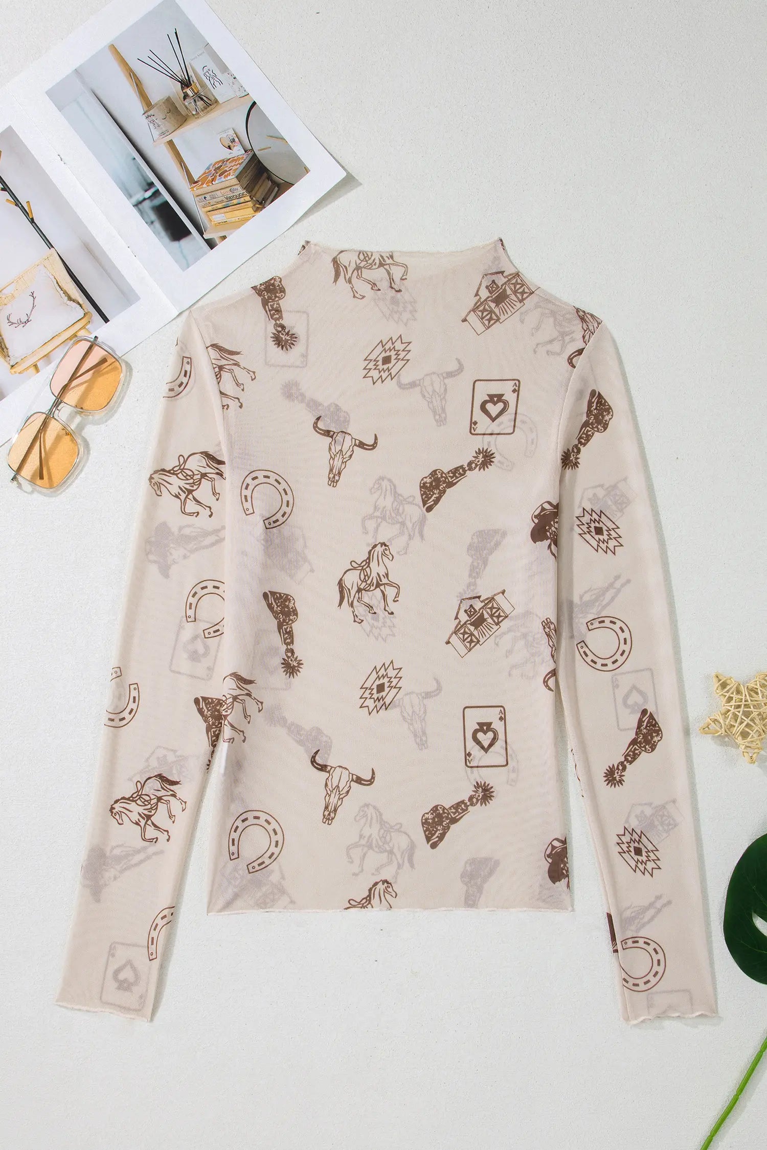 Western Print Slim Fit Mesh Mock Neck Long Sleeve Top