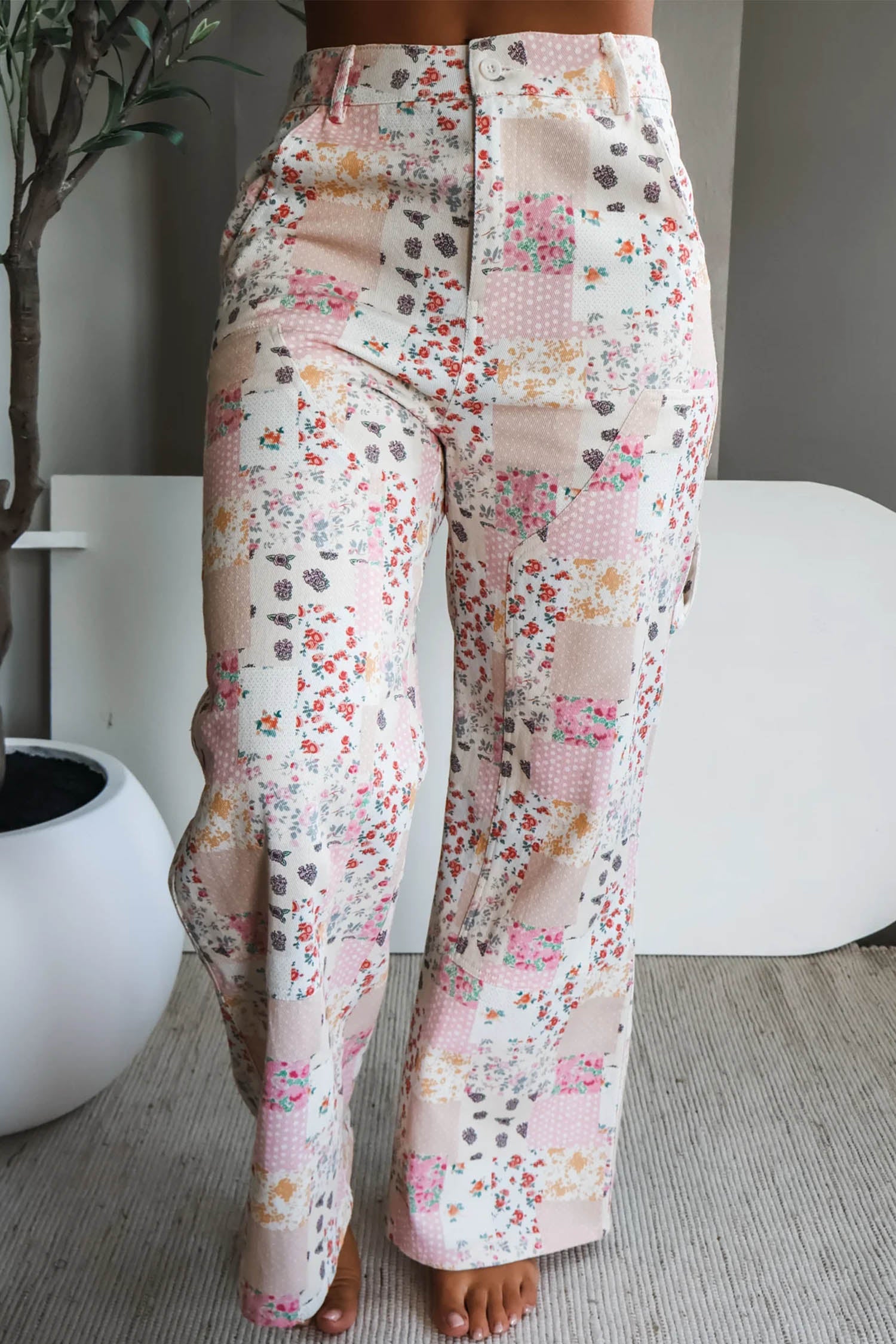 Floral Patchwork Wide Leg Full Length Jeans – Pink