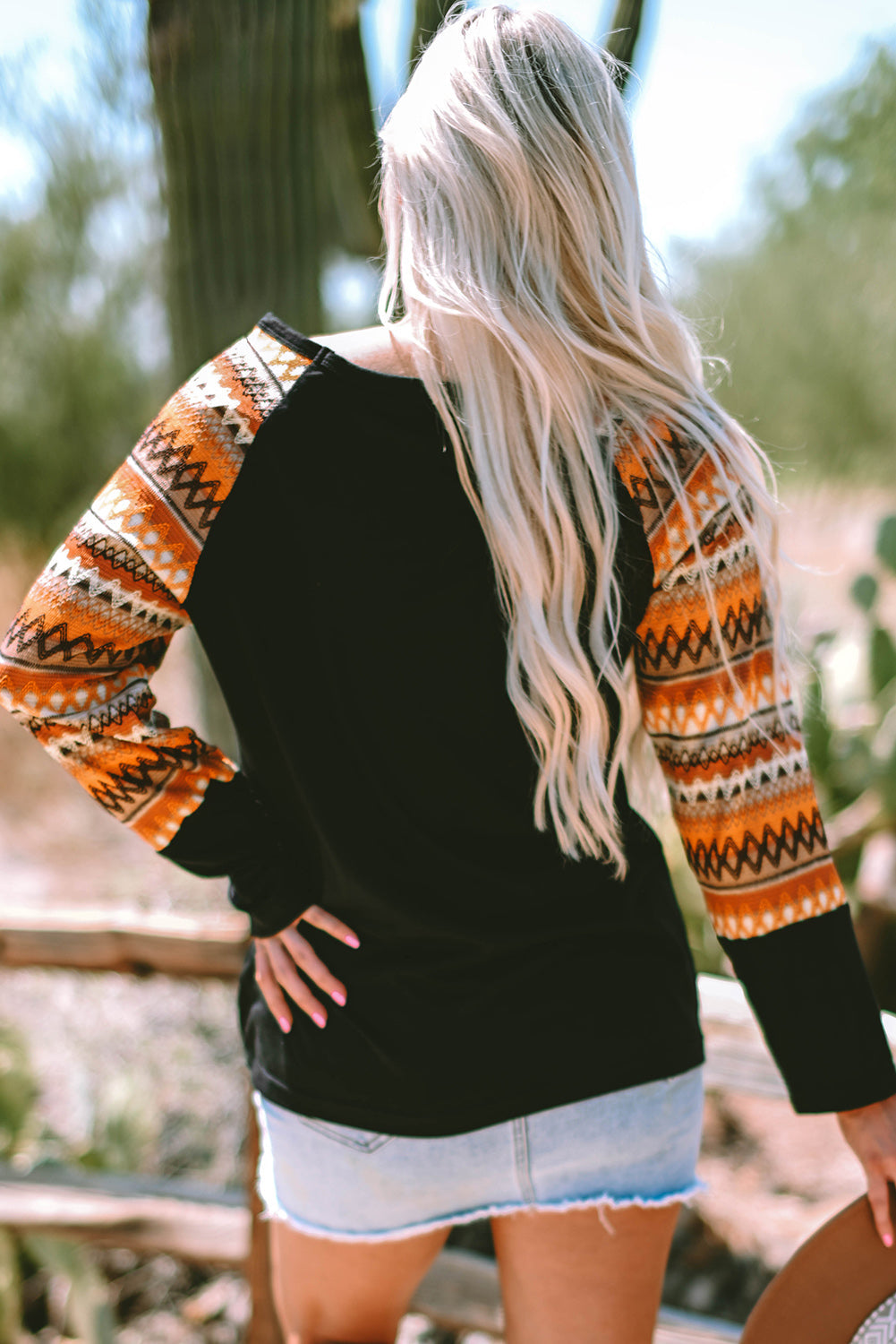 Orange Geo Print Raglan Patchwork Long Sleeve Tee eAura