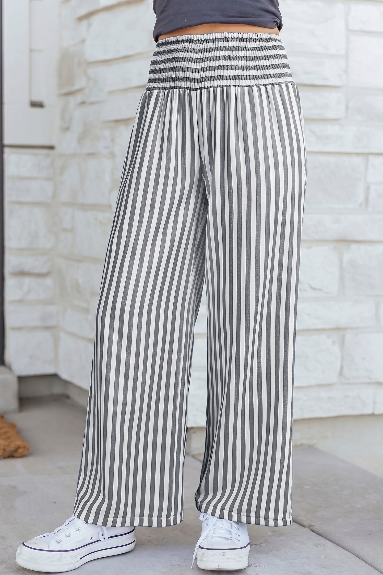Shirred High Waist Loose Summer Pants – Sky Blue Stripe
