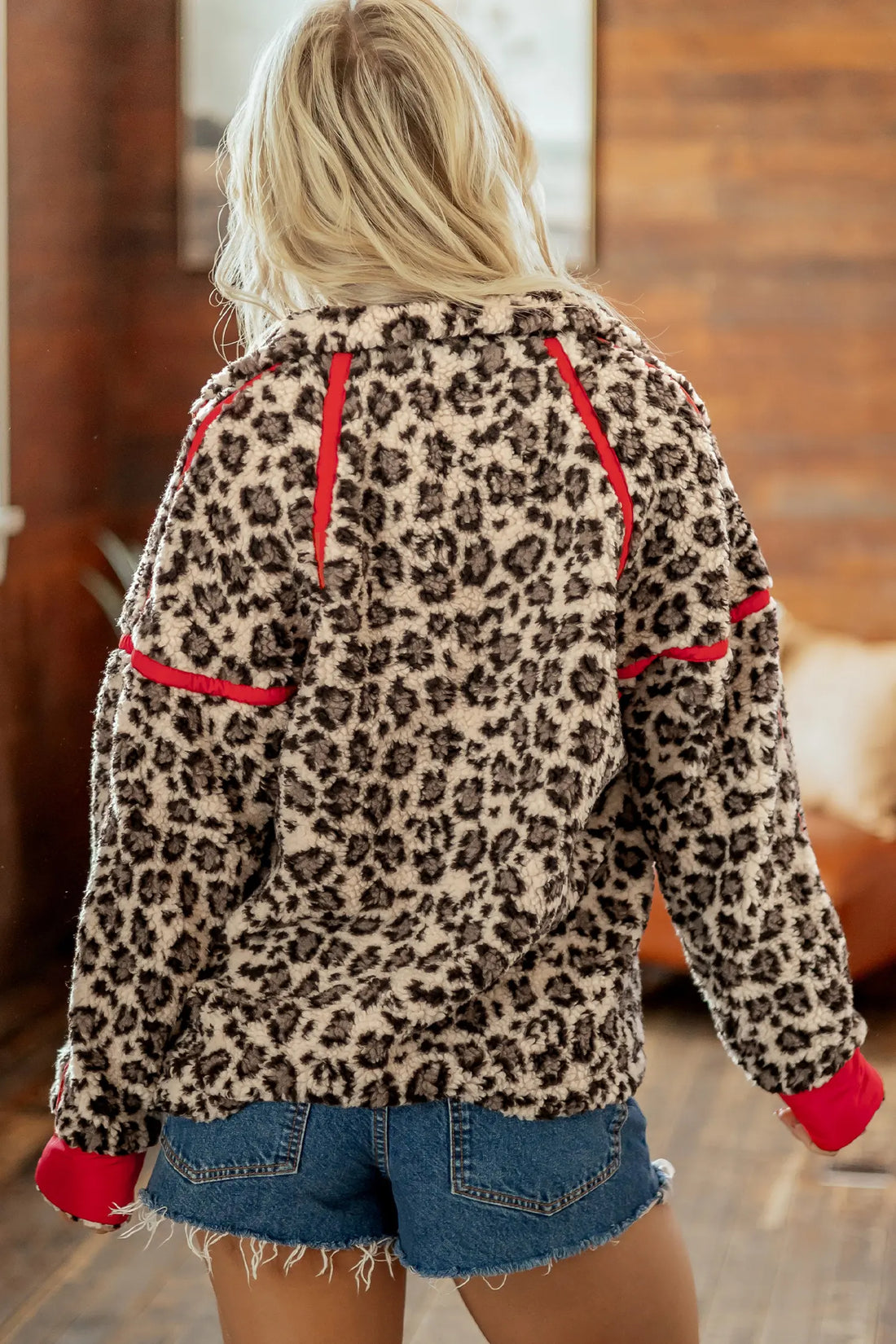 Leopard Print Zip-Up Red Accents Pockets Sweatshirt