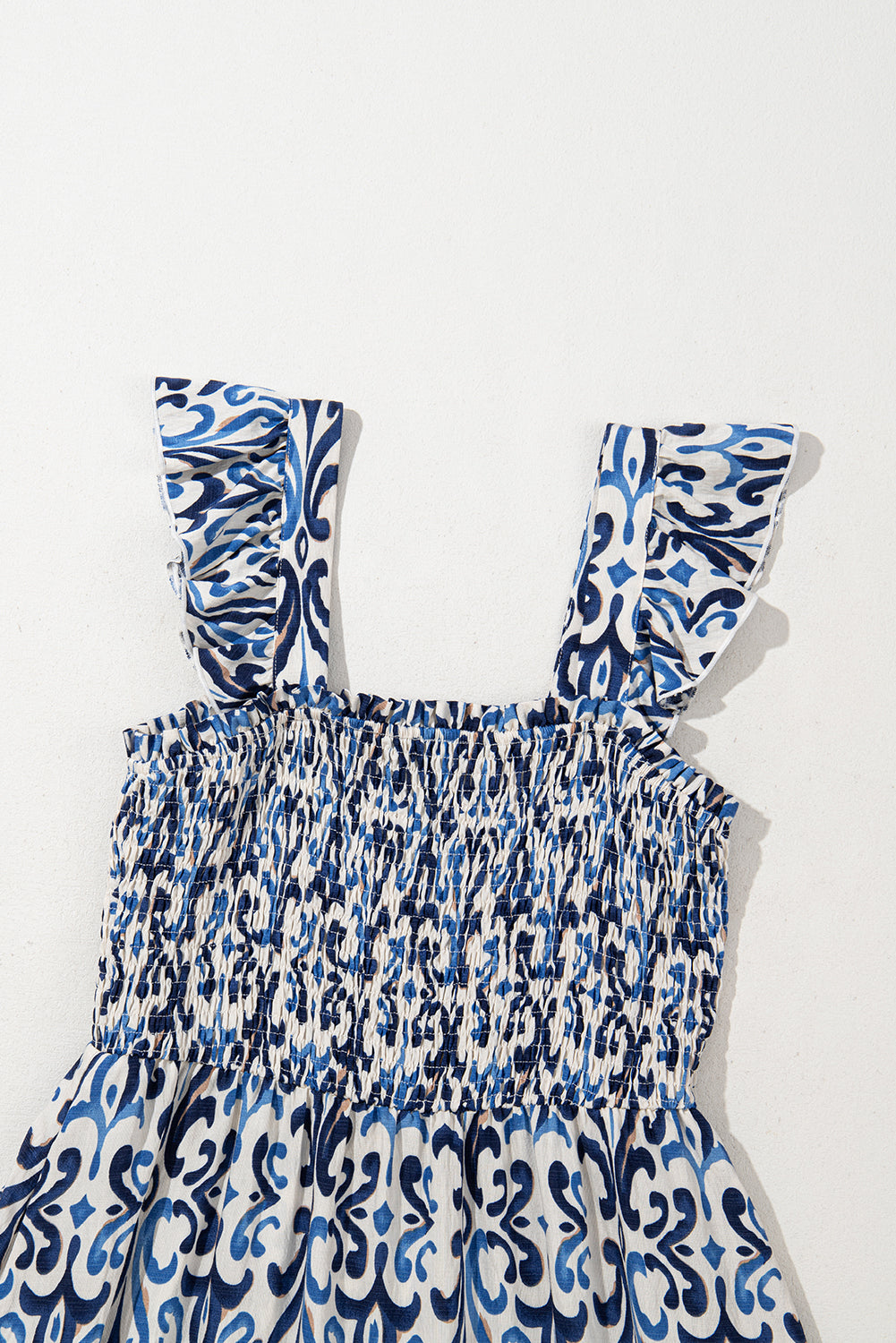 Sky Blue Boho Print Smocked Maxi Dress eAura