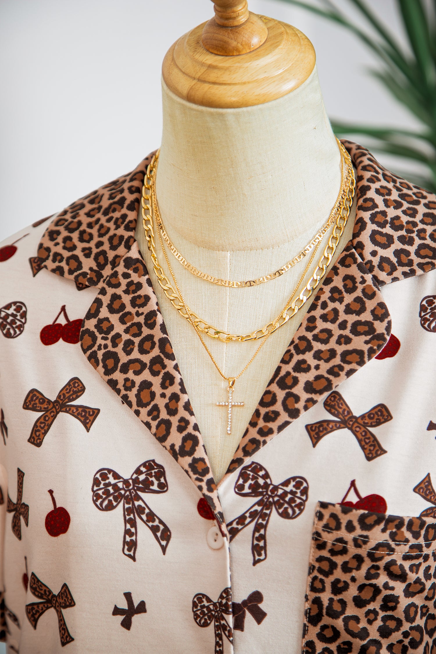 Chic Bow Cherry Print Leopard Contrast Shirt and Drawstring Pyjams