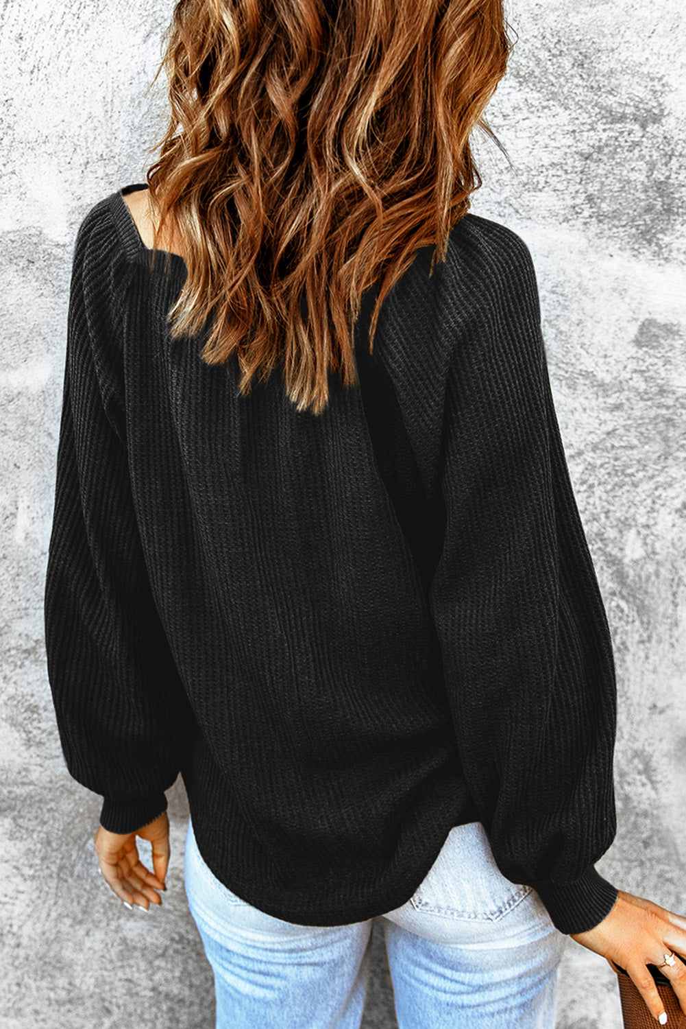 Black Scoop Neck Puff Sleeve Waffle Knit Top eAura