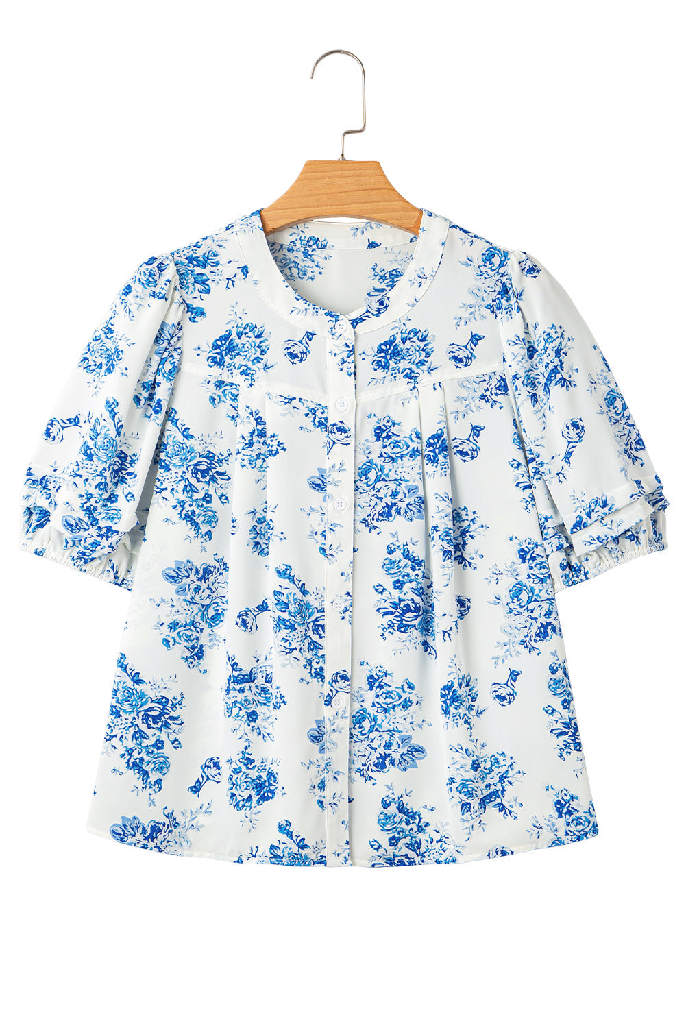 Sky Blue Floral Tiered Puff Short Sleeve Pleated Bust Buttoned Casual Shirt eAura