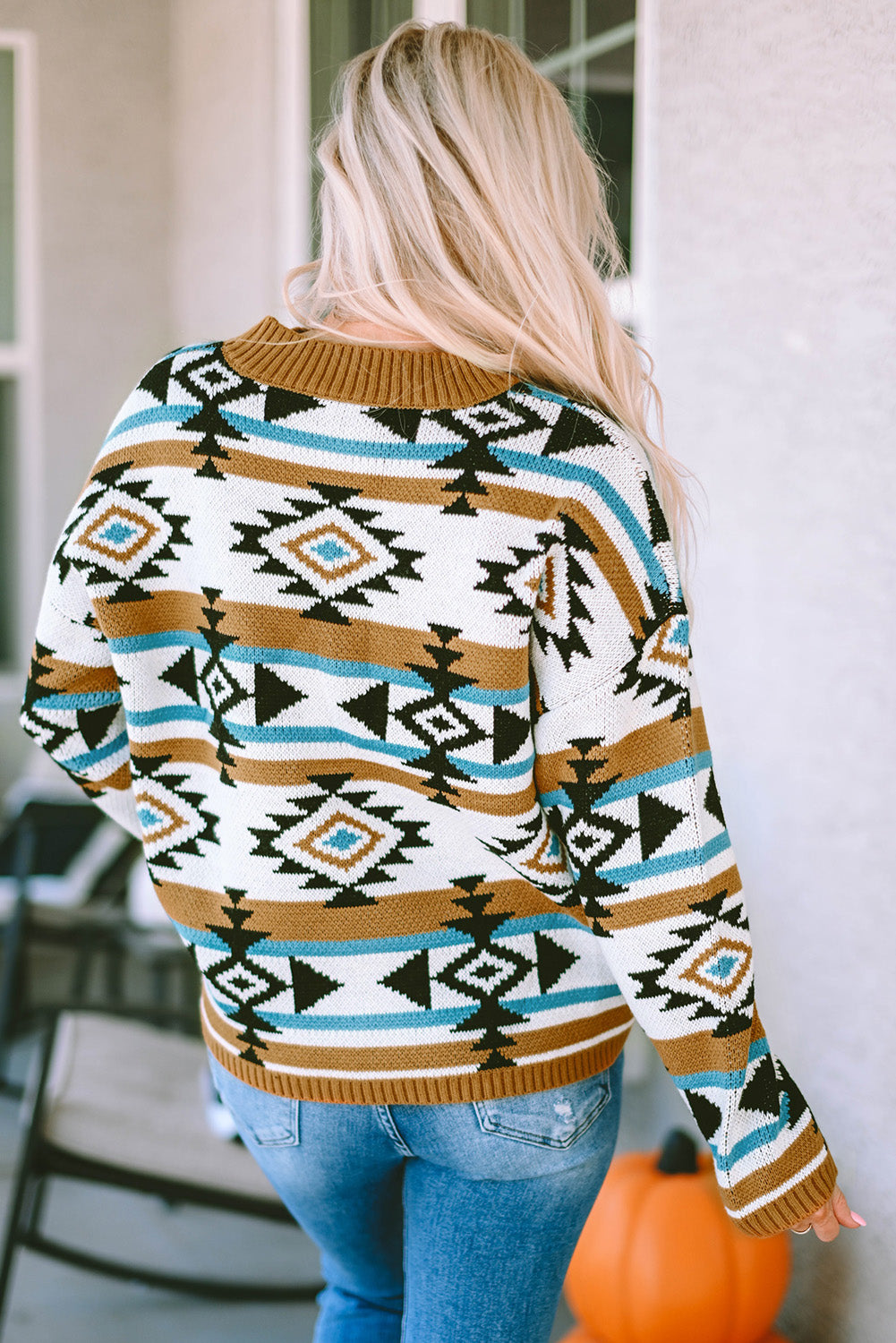 Brown Aztec Striped Knit Ribbed Trim Sweater eAura