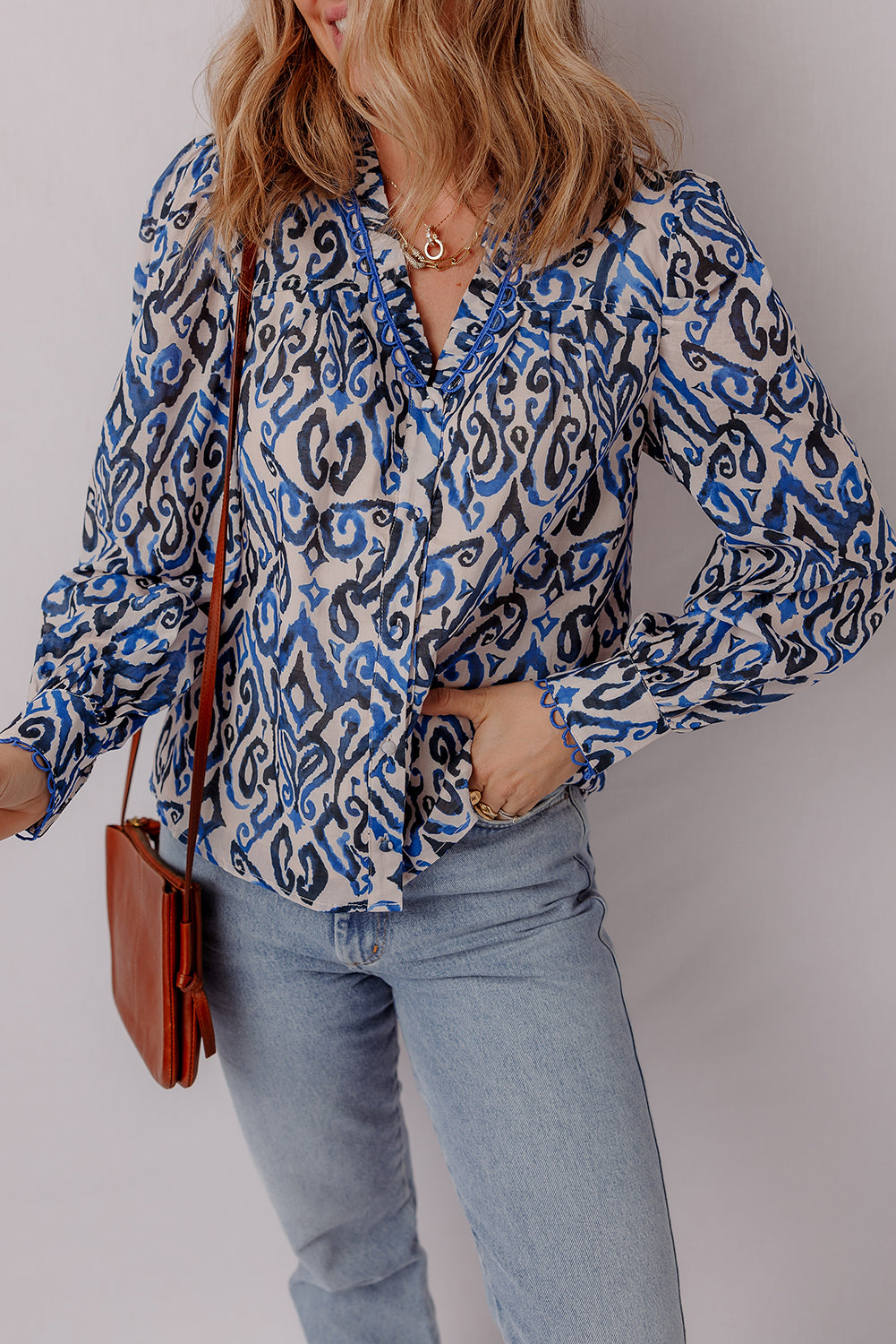 Blue Bohemian Print Embroidered V-Neck Long Sleeve Blouse - eAura