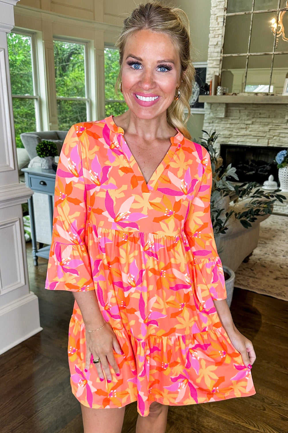 Orange Abstract Print Ruffled Sleeve V Neck Dress eAura