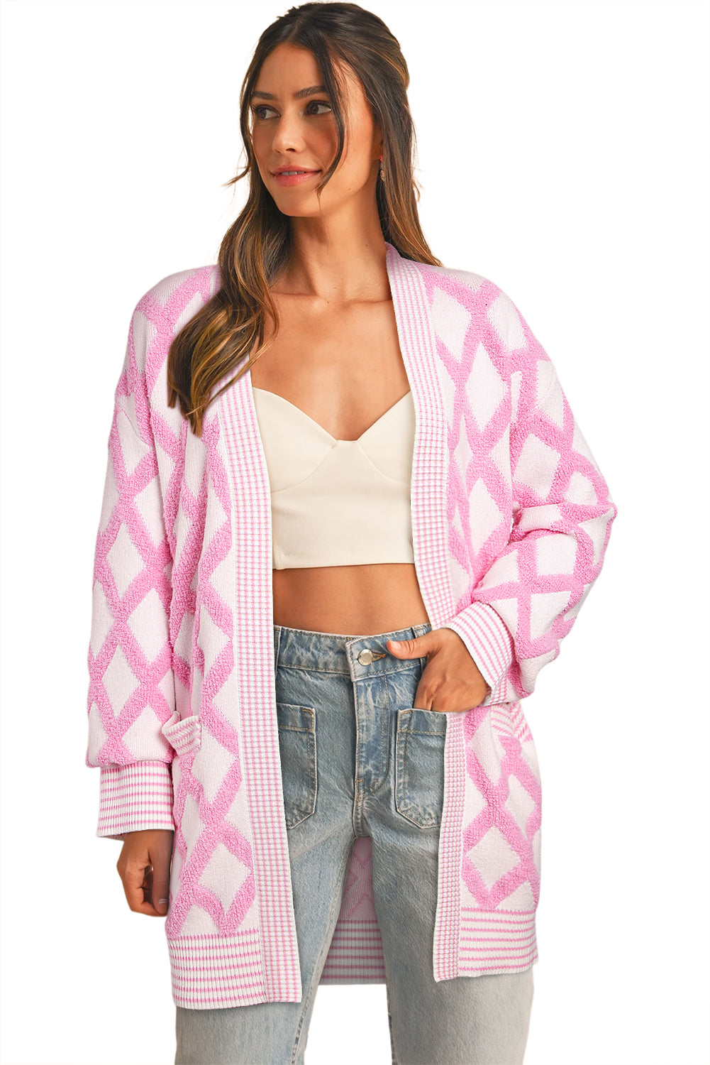 Pink Rhombus Pattern Knit Open Front Pocketed Cardigans BB Fashion Outlet