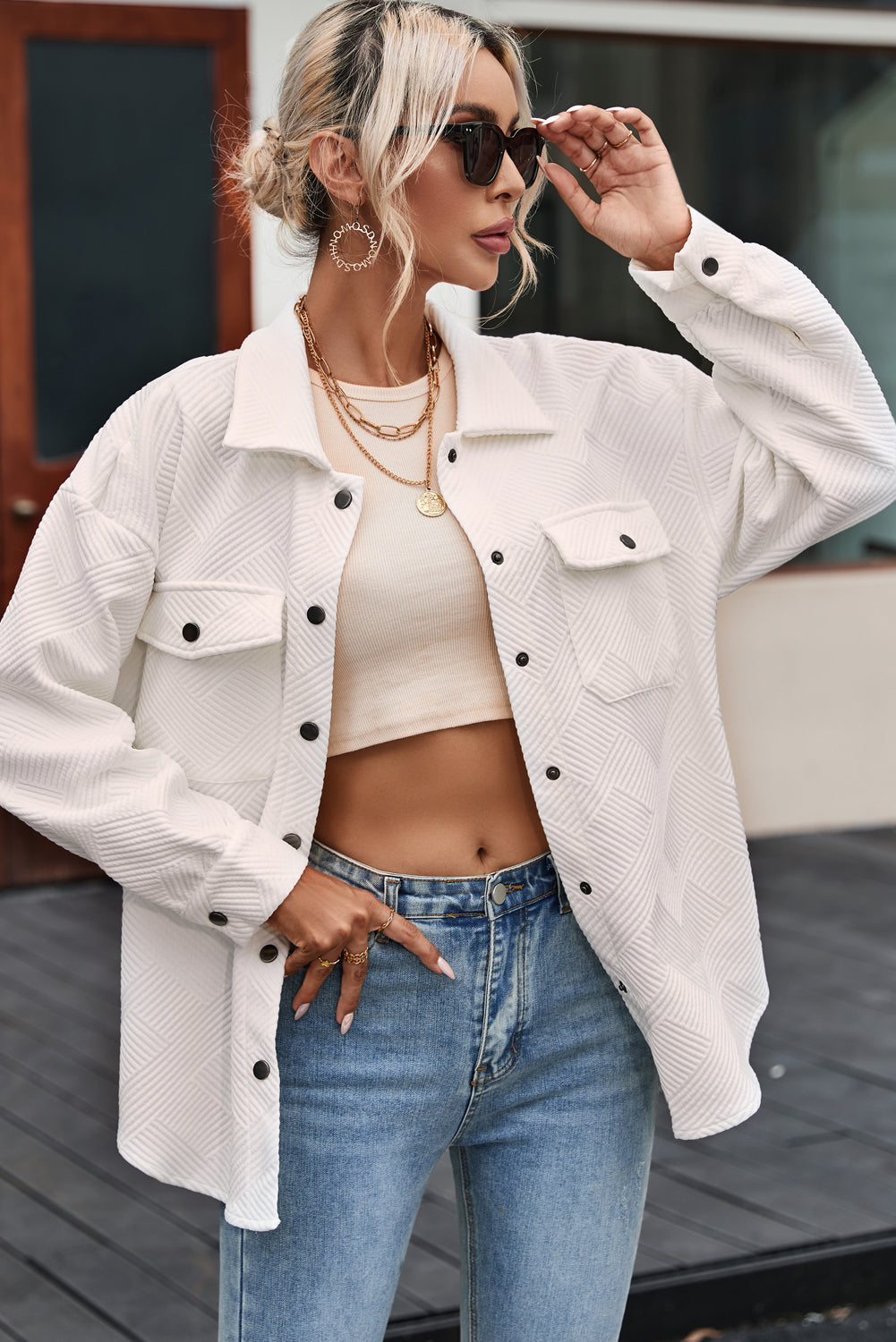 Solid Textured Flap Pocket Buttoned Shacket eAura