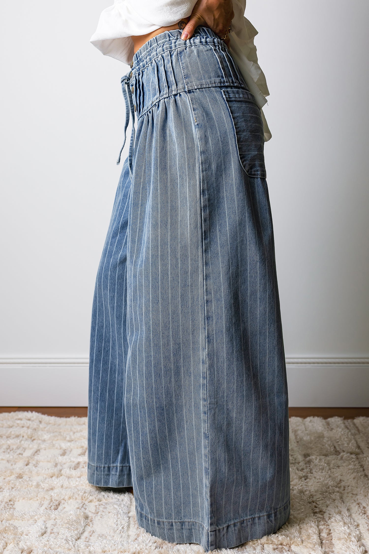 Stripe Button Pleated Drawstring Waist Wide Leg Jeans - Bottoms/Jeans/WideLeg