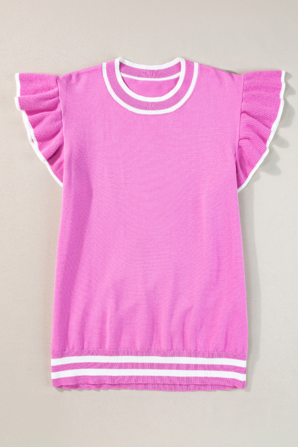 Bonbon Edge Piping Ruffled Sleeve Round Neck Knit Top eAura