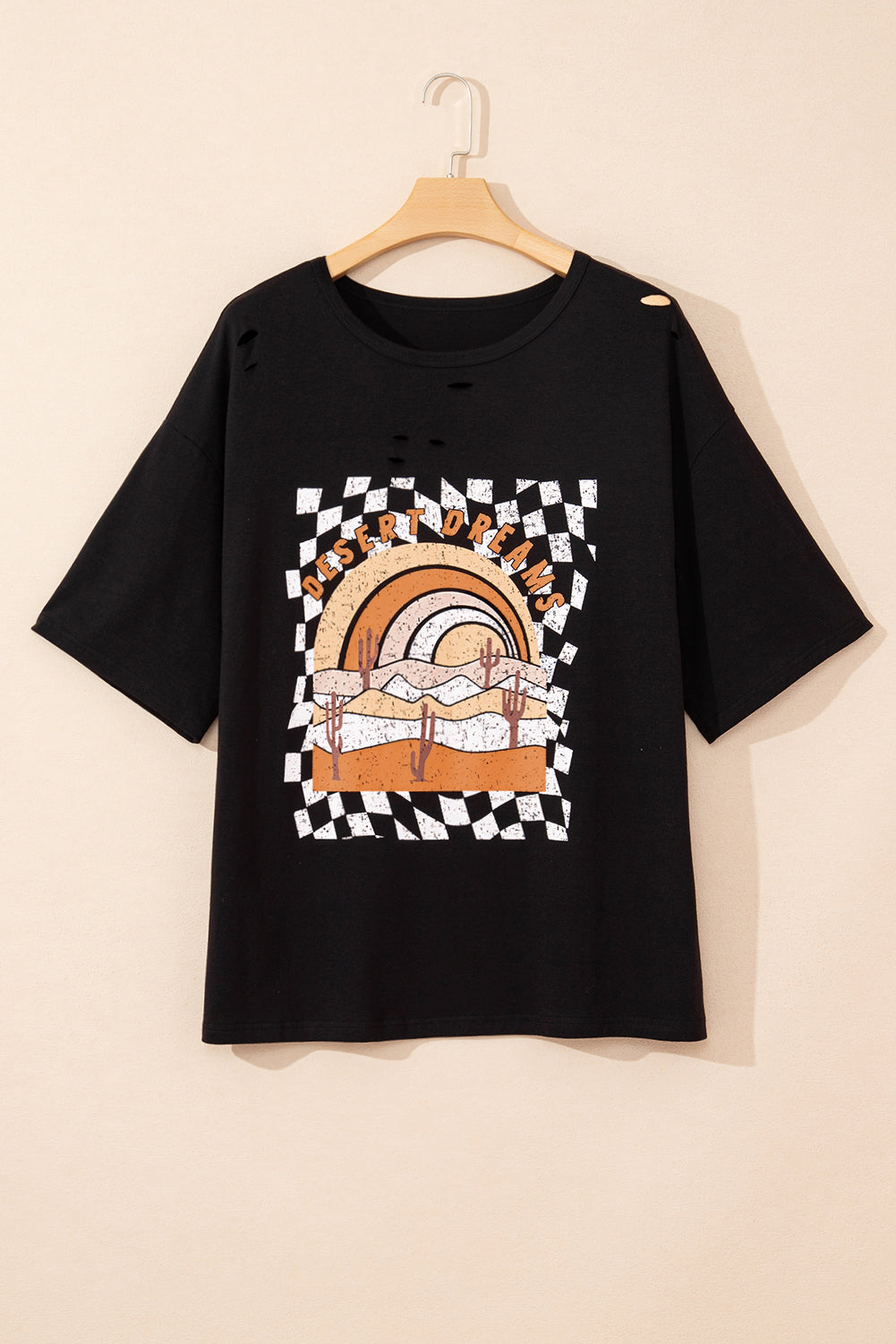 Black Checkerd DESERT DREAMS Printed Ripped Plus Size Tee BB Fashion Outlet