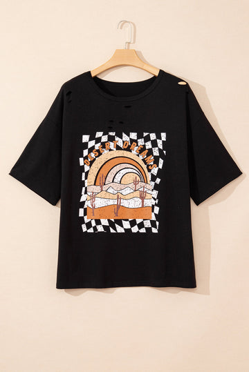 Black Checkerd DESERT DREAMS Printed Ripped Plus Size Tee BB Fashion Outlet