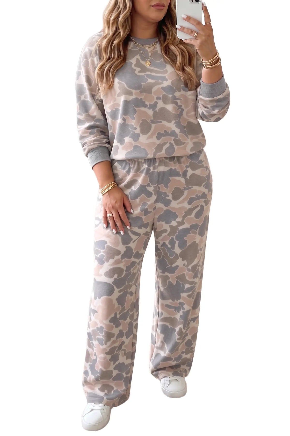 Camouflage Long Sleeve Round Neck Two-Piece Plus Size Set – Multicolour
