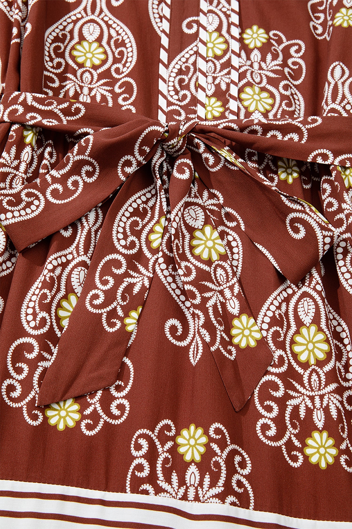 Floral Print Belted Striped Trim Tiered Maxi Dress - eAura