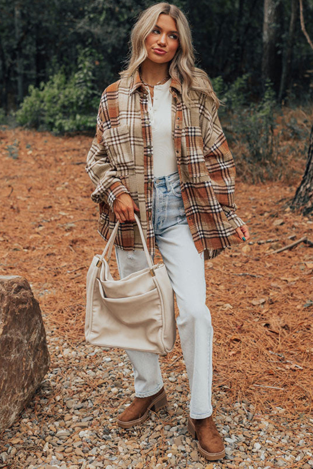Khaki Plaid Colourblock Patchwork High Low Shacket eAura