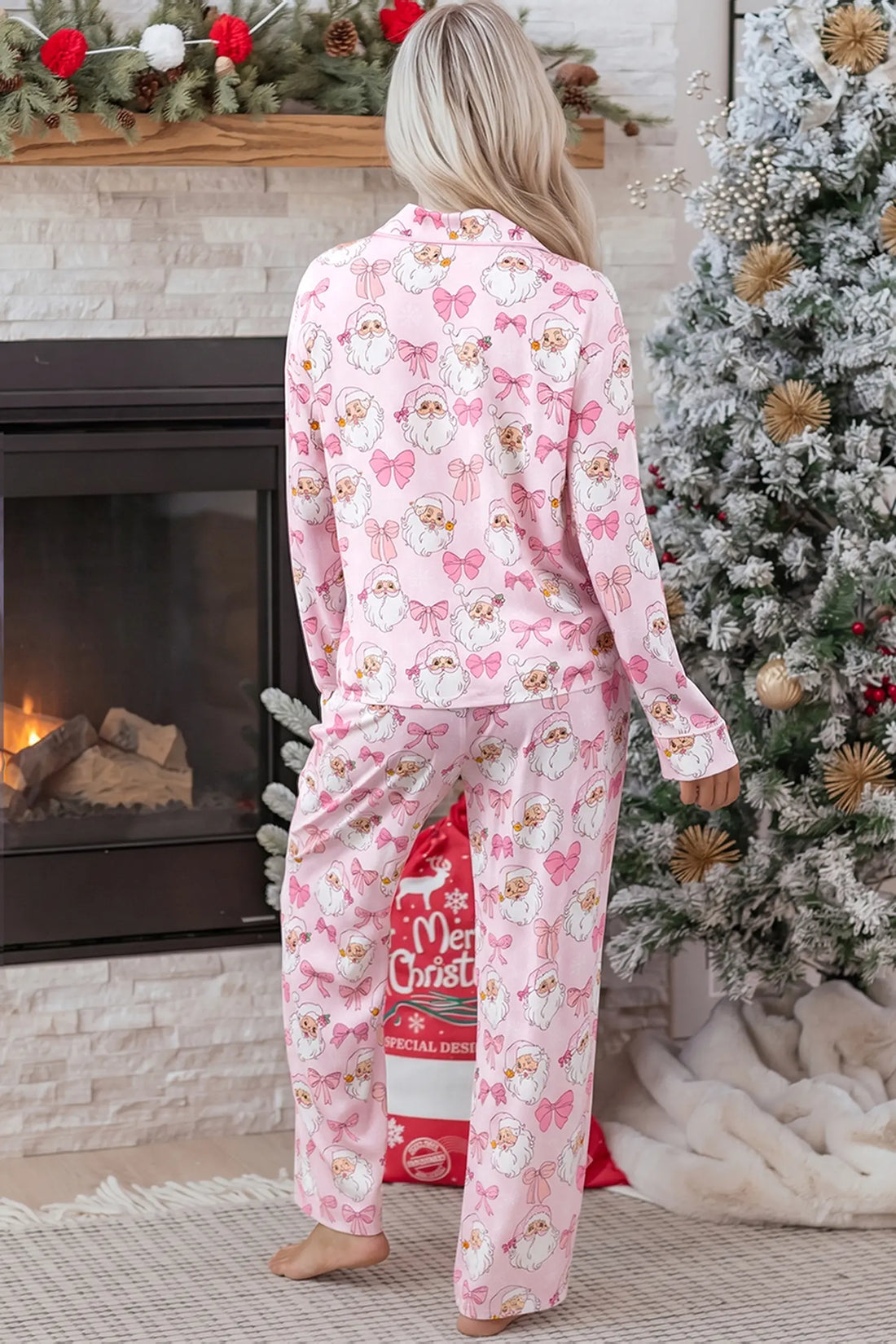 Abstract Santa Print Long Sleeve Full-Length 2Pcs Lounge Set