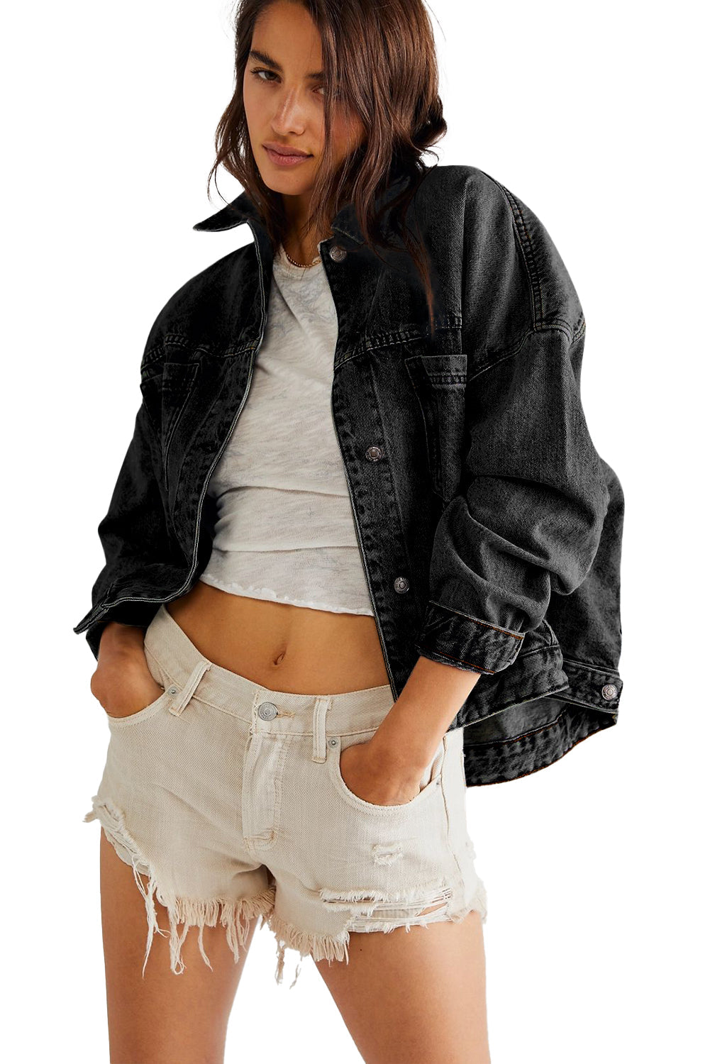 Black Washed Oversize Pocketed Denim Jacket eAura