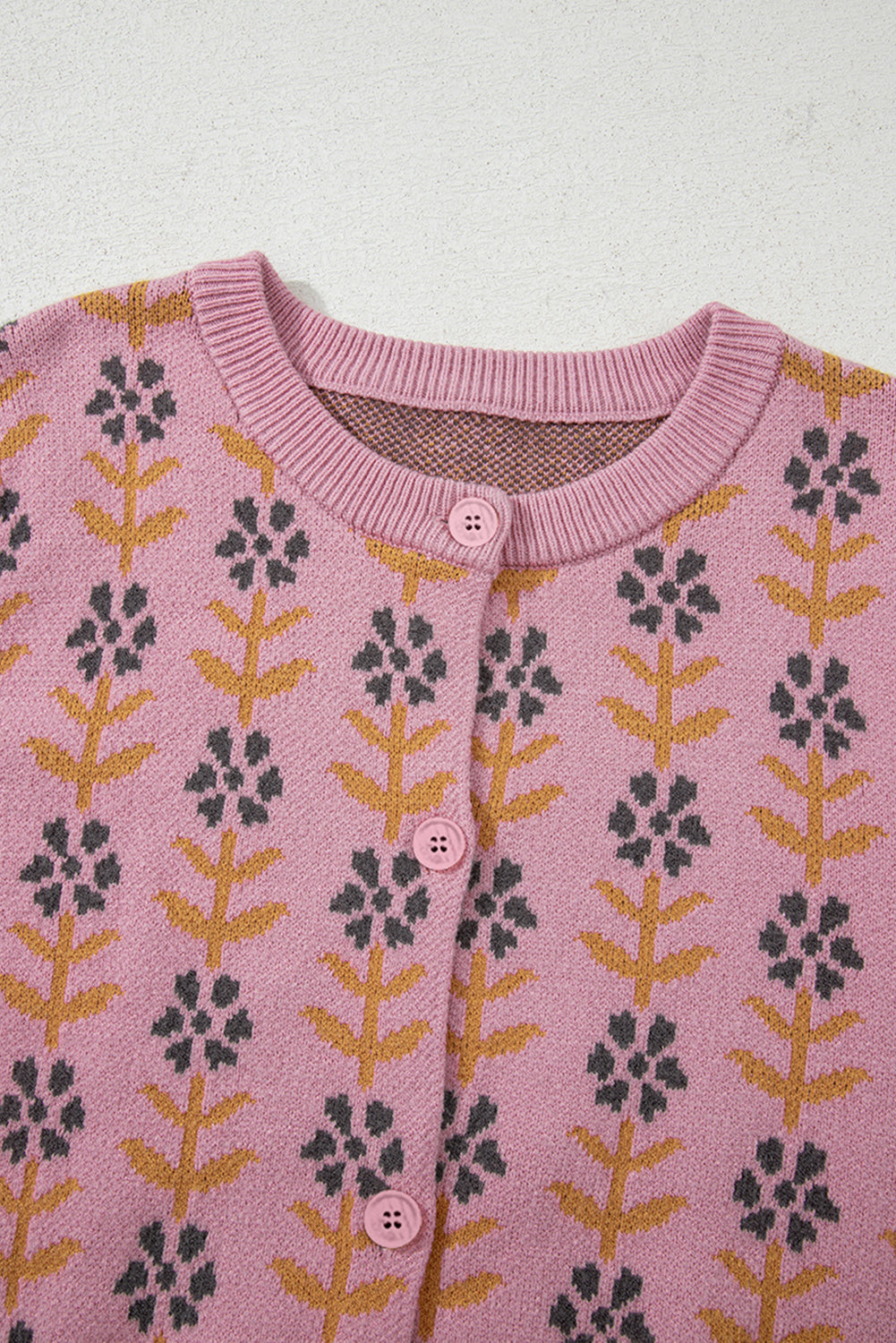 Pink Floral Button Down Ribbed Banded Cardigan Sweater Dear-Lover Dropshipping