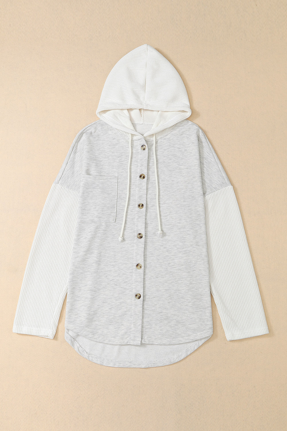 Grey Button Up Contrast Knitted Sleeves Hooded Jacket Beagle Boutique Fashion Outlet