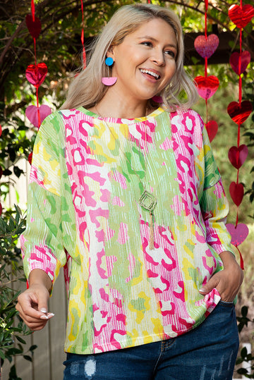 Multicolour Leopard Colour Block Knitted Crewneck Plus Size T Shirt BB Fashion Outlet
