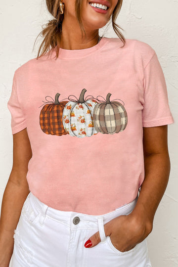 Mix Pattern Pumpkin Print Round Neck T Shirt – Pink