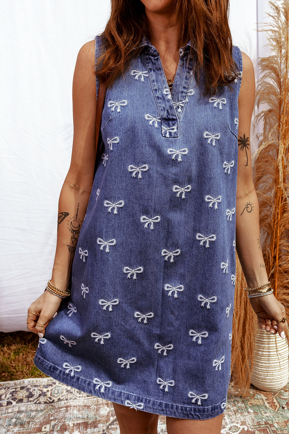 Bow Collared V-Neck Sleeveless Denim Mini Dress with Pockets