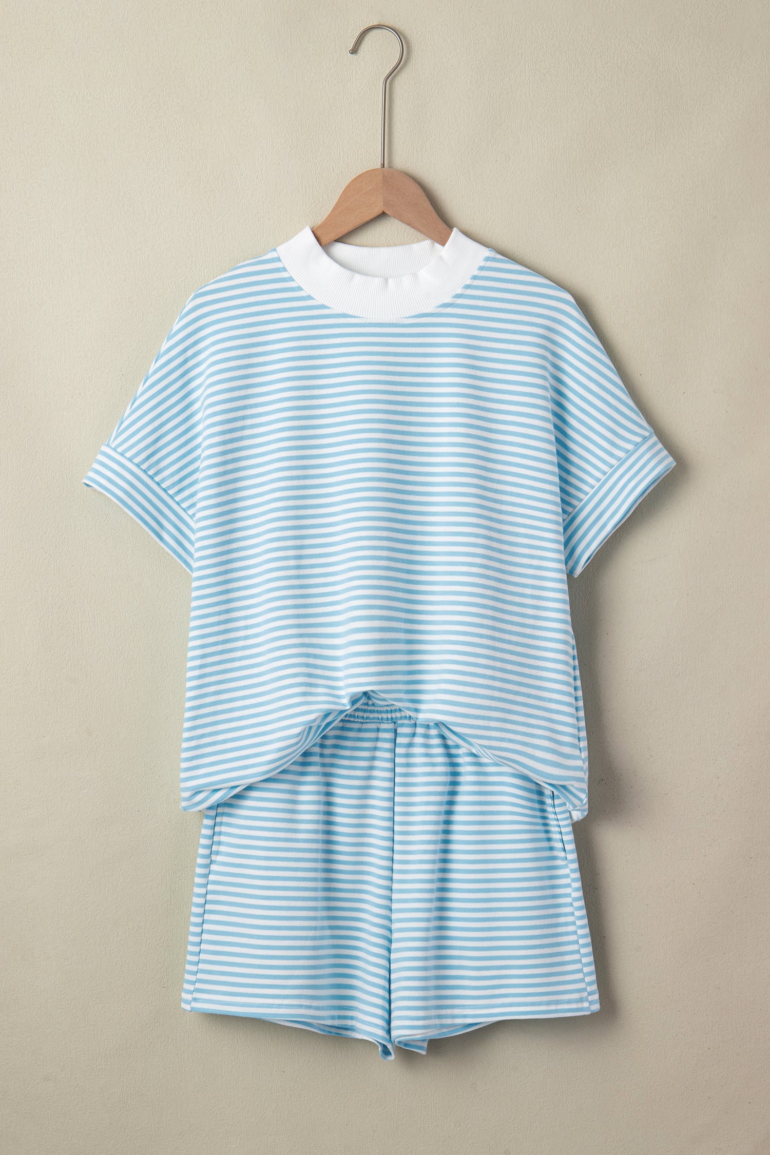 Stripe Cuffed Sleeve Contrast Mock Neck Tee Casual Co-ord Short Set