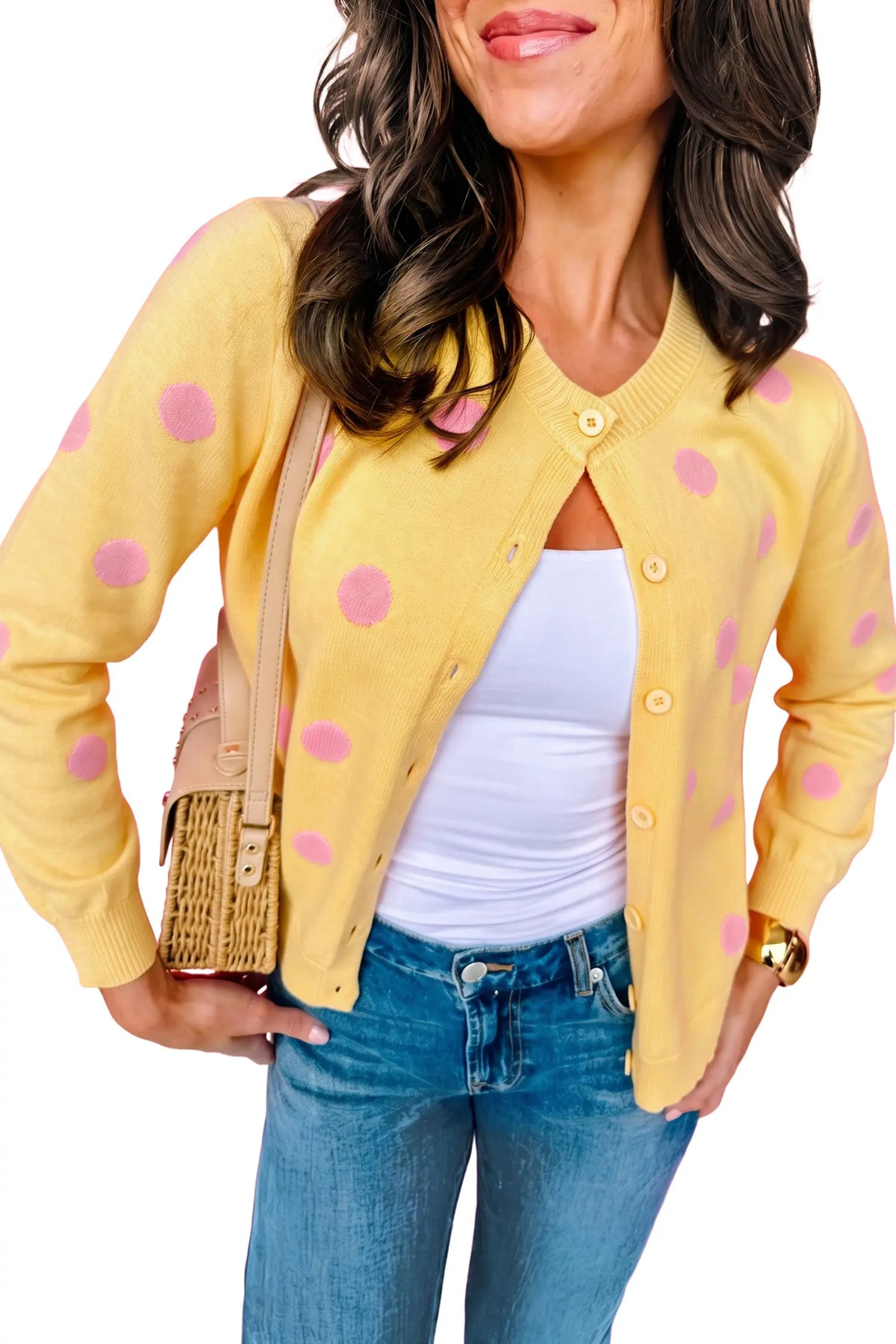 Casual Polka Dot Button Front Long Sleeve Sweater Cardigan – Yellow