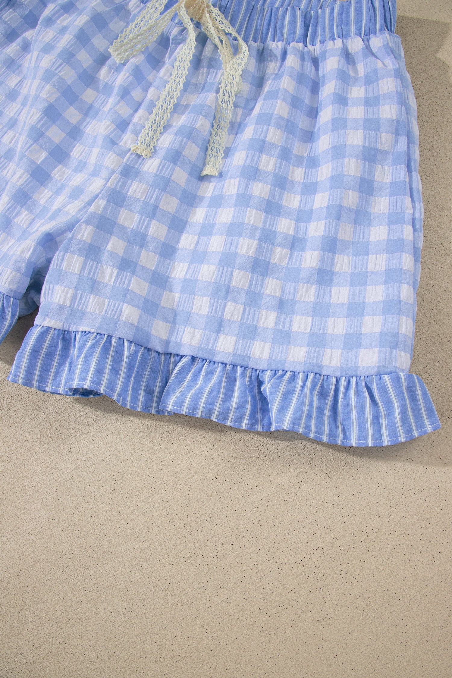 Gingham Ruffle Shorts with Lace Tie Waist