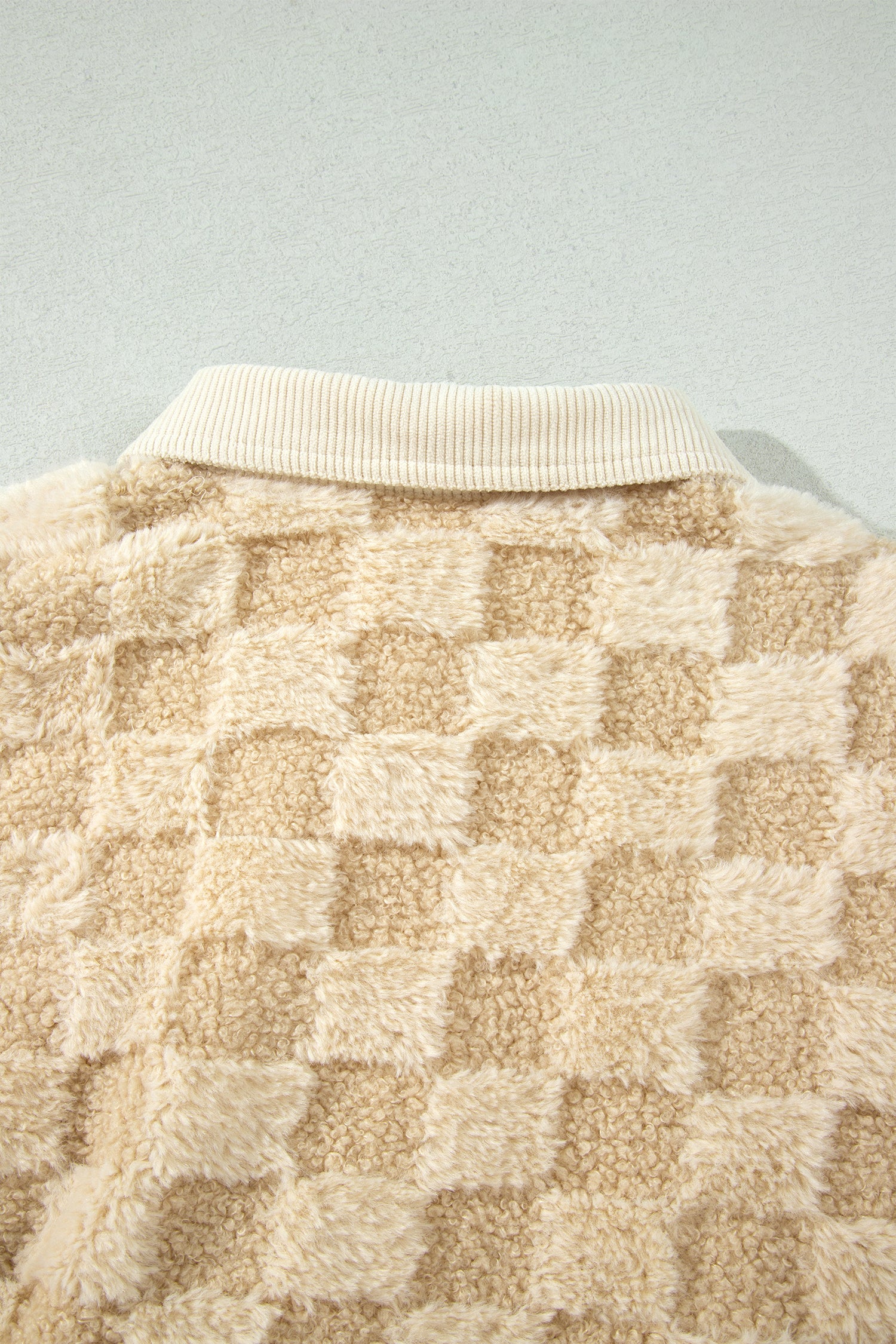 Khaki Plush Checkered Corduroy Trim Metal Button Long Sleeve Shift Silhouette Shacket
