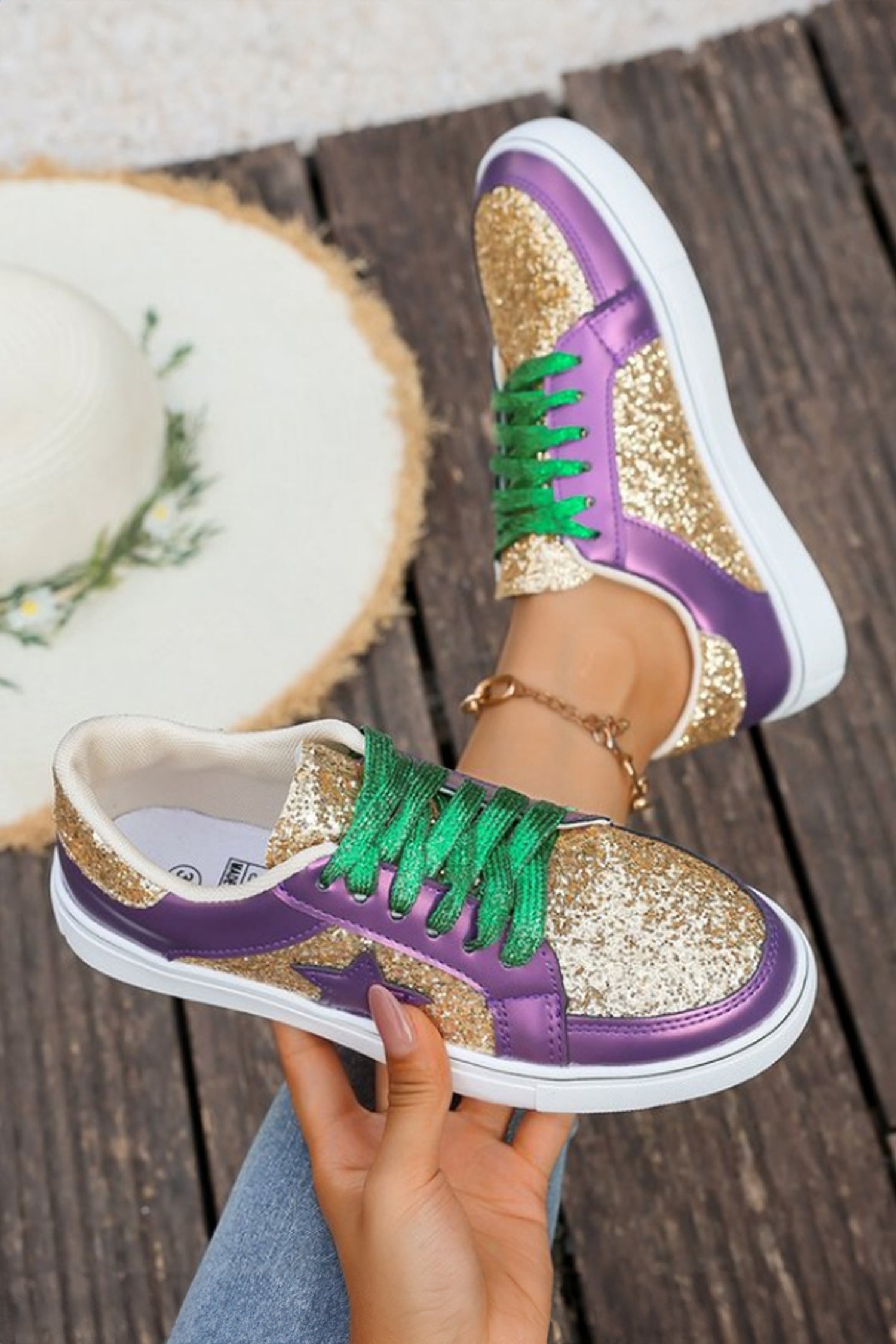 Purple Glitter Star Patchwork PU Leather Lace-up Sneakers - Shoes/trainers