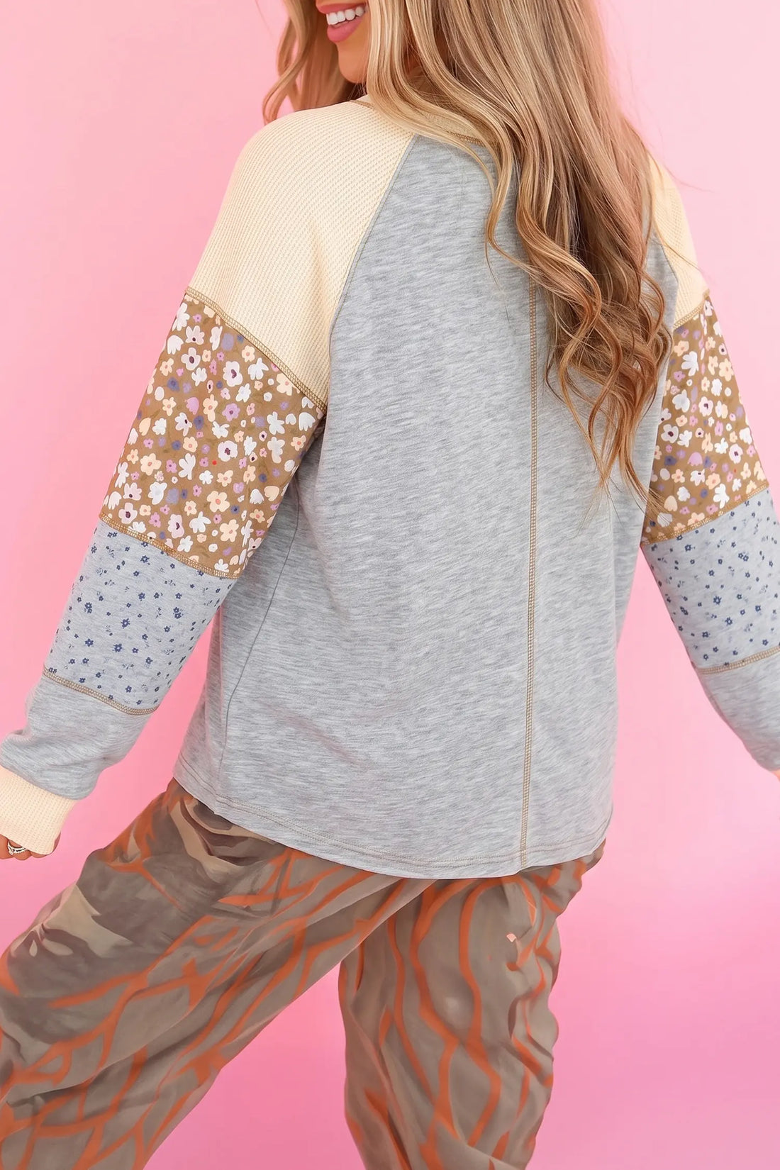 Colour Block Floral Waffle Mixed Patchwork Long Sleeve Top