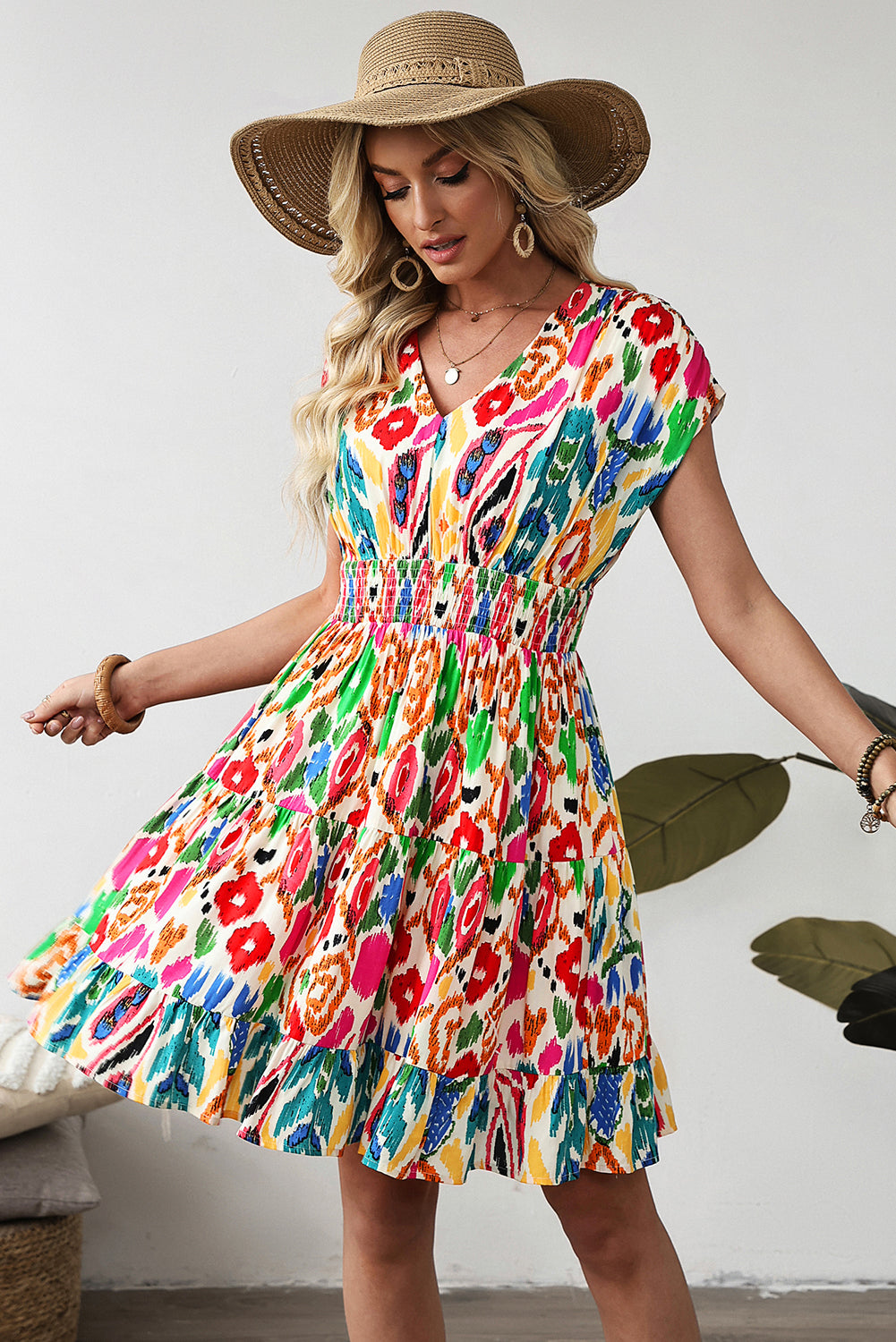 Abstract Print V-Neck Dolman Sleeve Ruffle Tiered Mini Dress