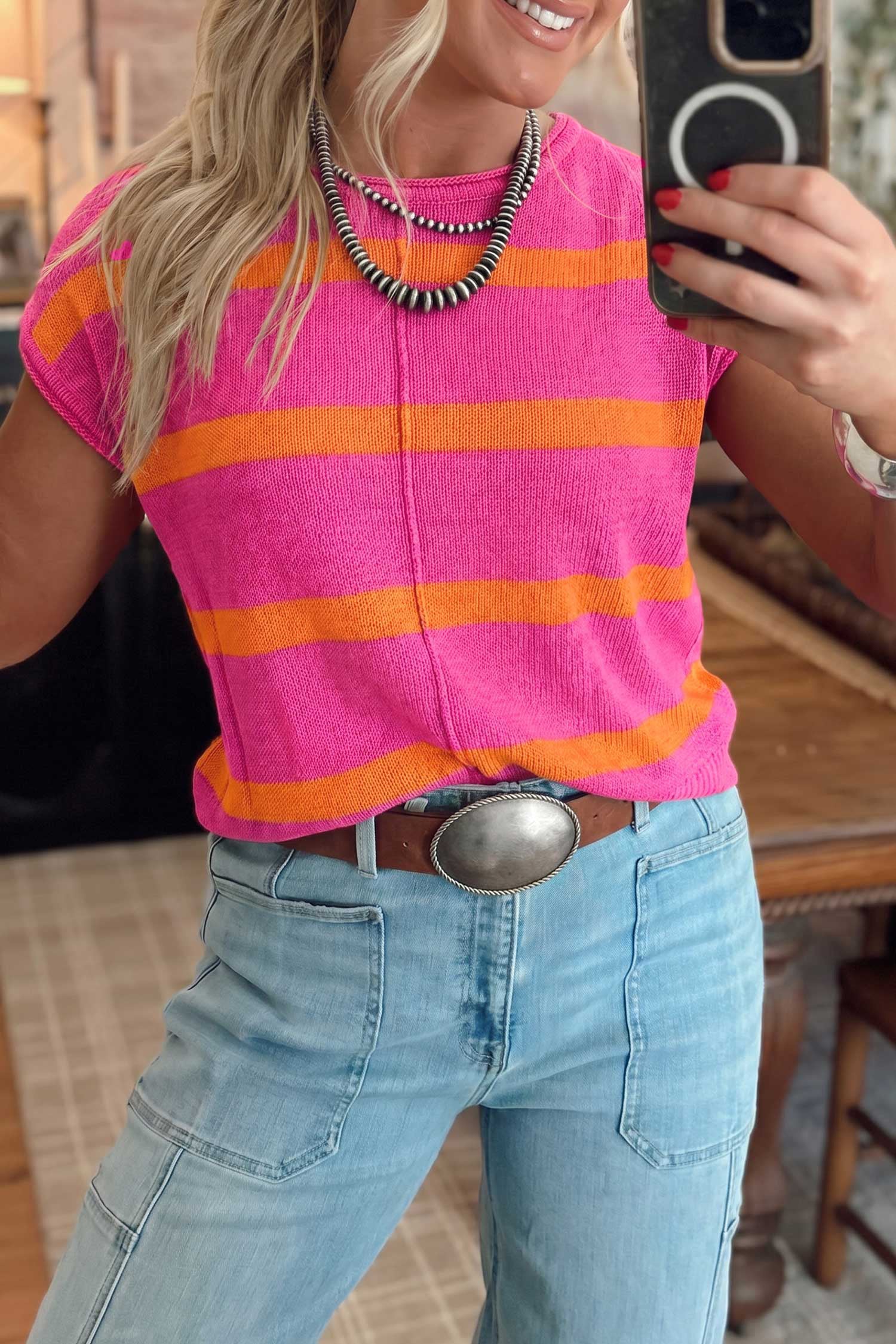 Knit Western Short Sleeve Sweater – Brown Stripe