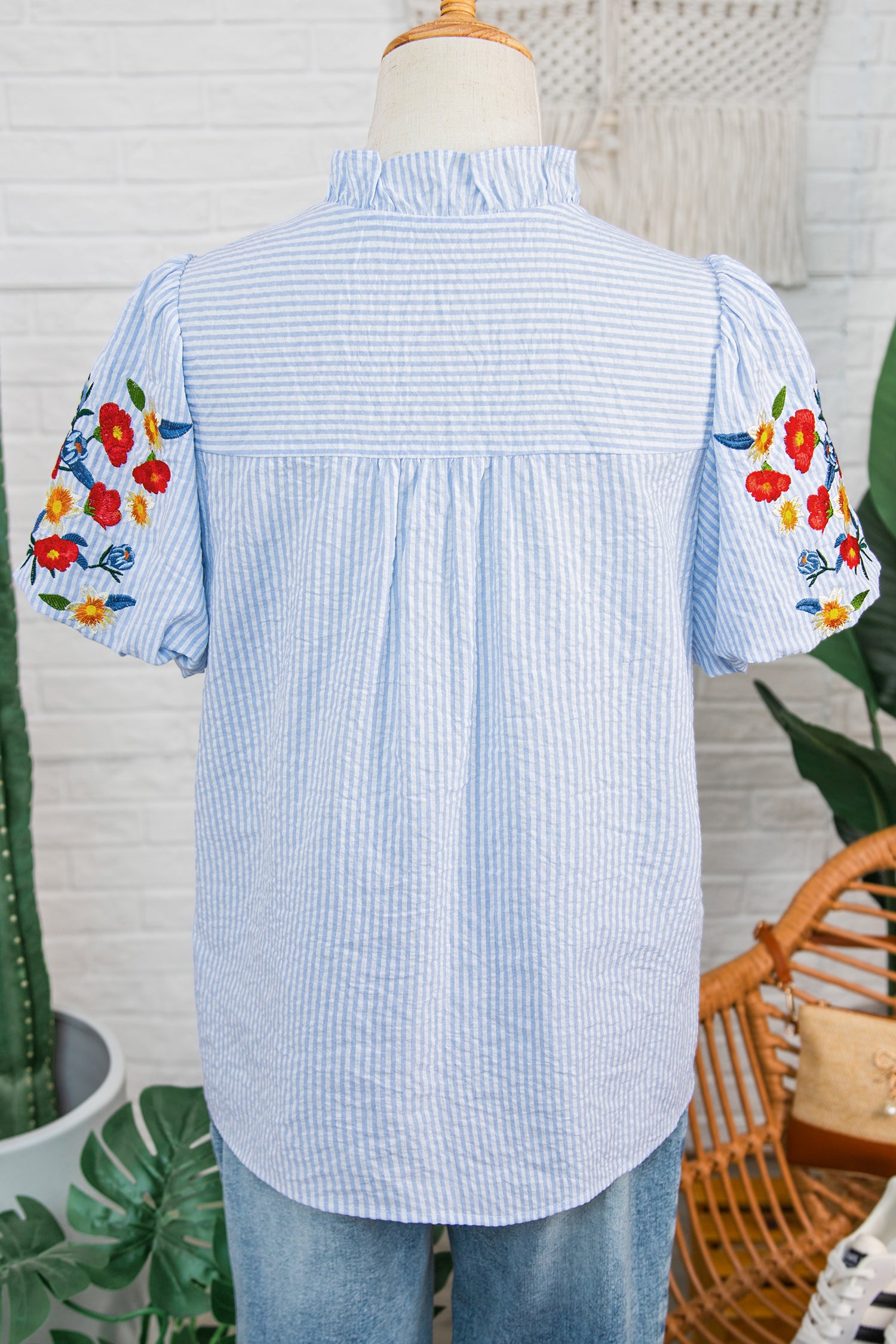 Striped Shirt Floral Detailed Short Sleeve