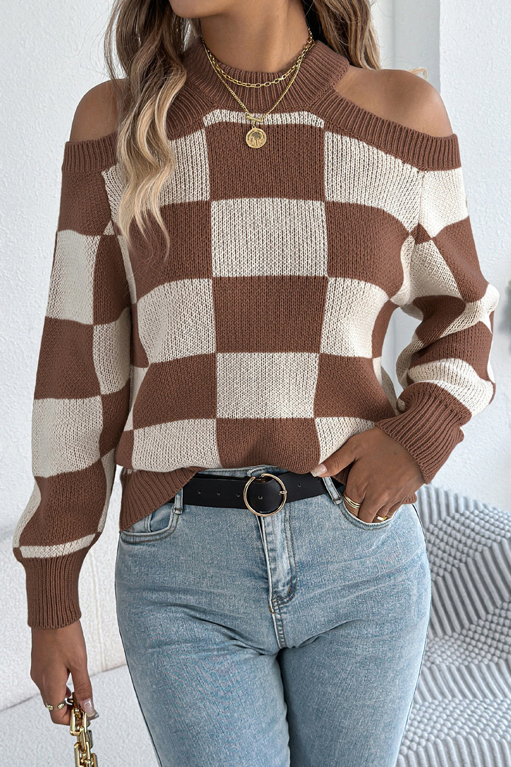 Coffee Off the Shoulder Checkered Sweater - eAura