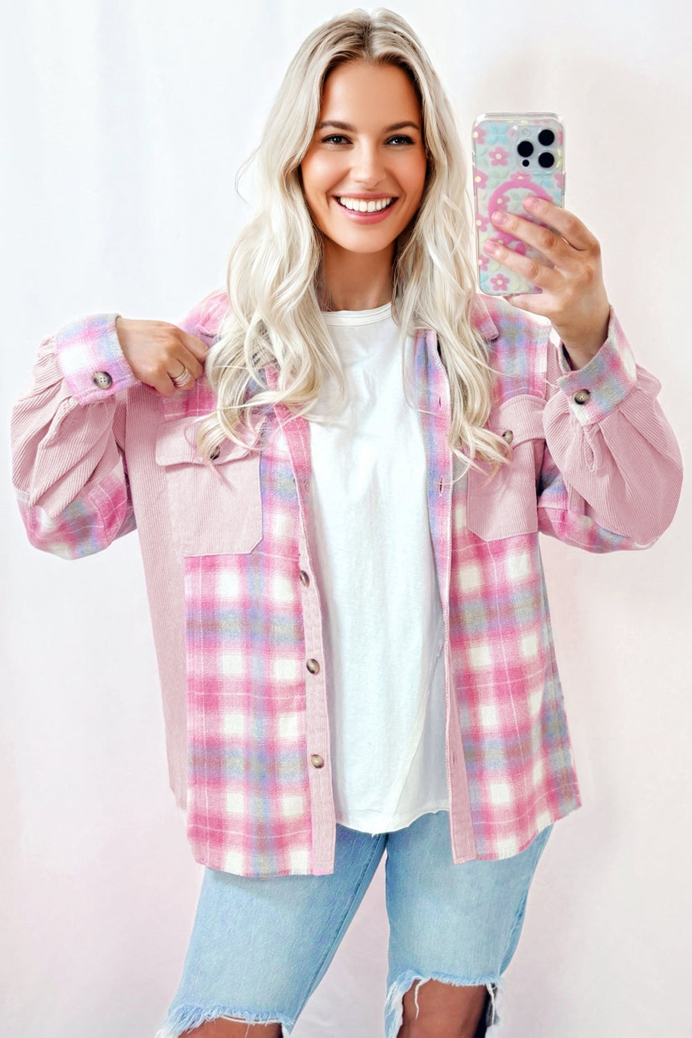 Pink Brushed Plaid Ribbed Flap Pockets Patchwork Shacket eAura