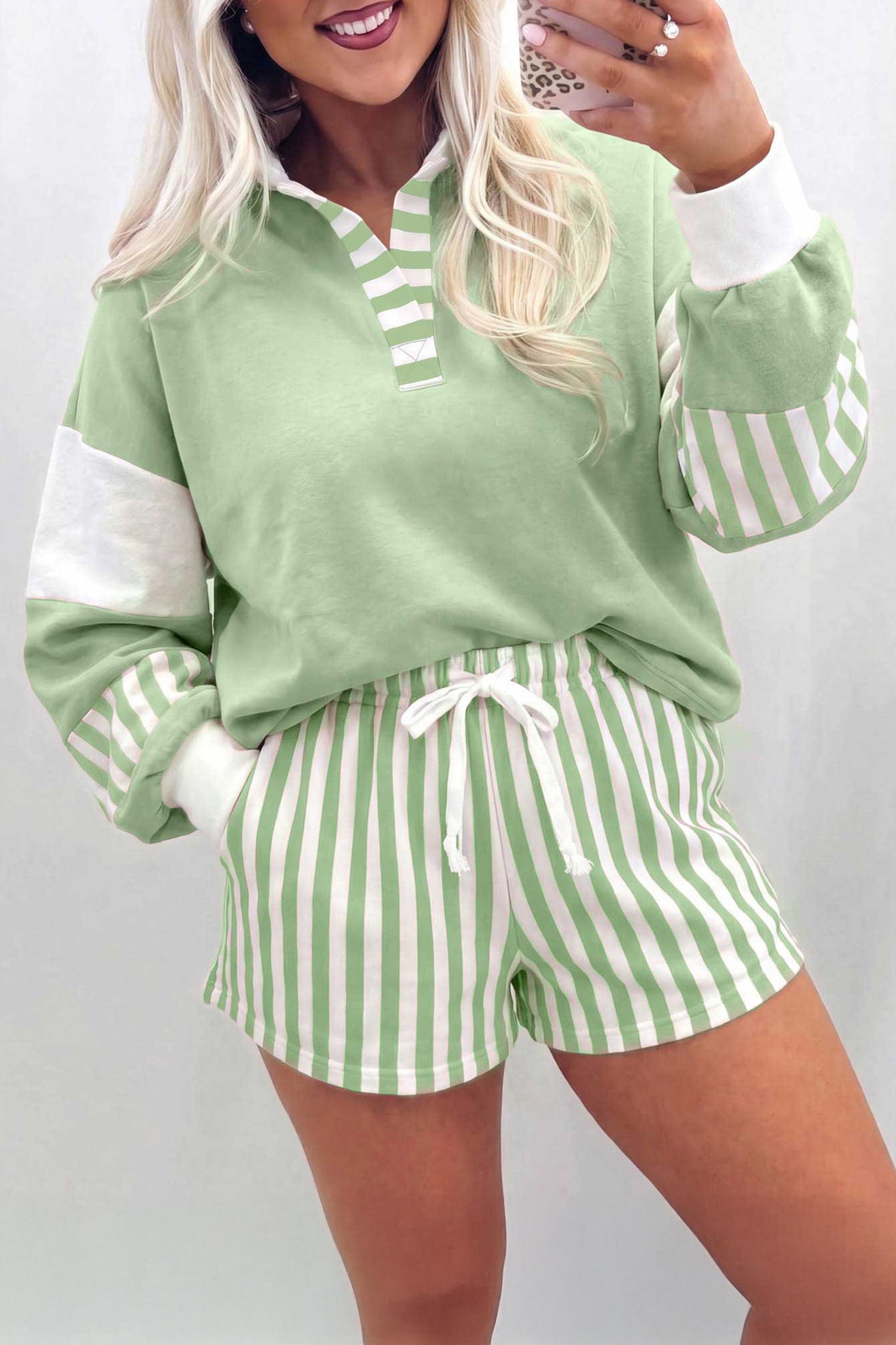Gossamer Pink Striped Color Block Pullover Top Drawstring Shorts Set – Light Pink