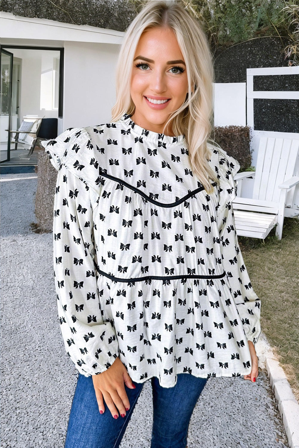 White Bow Knot Print Piping Trim Ruffled Crew Neck Blouse BB Fashion Outlet