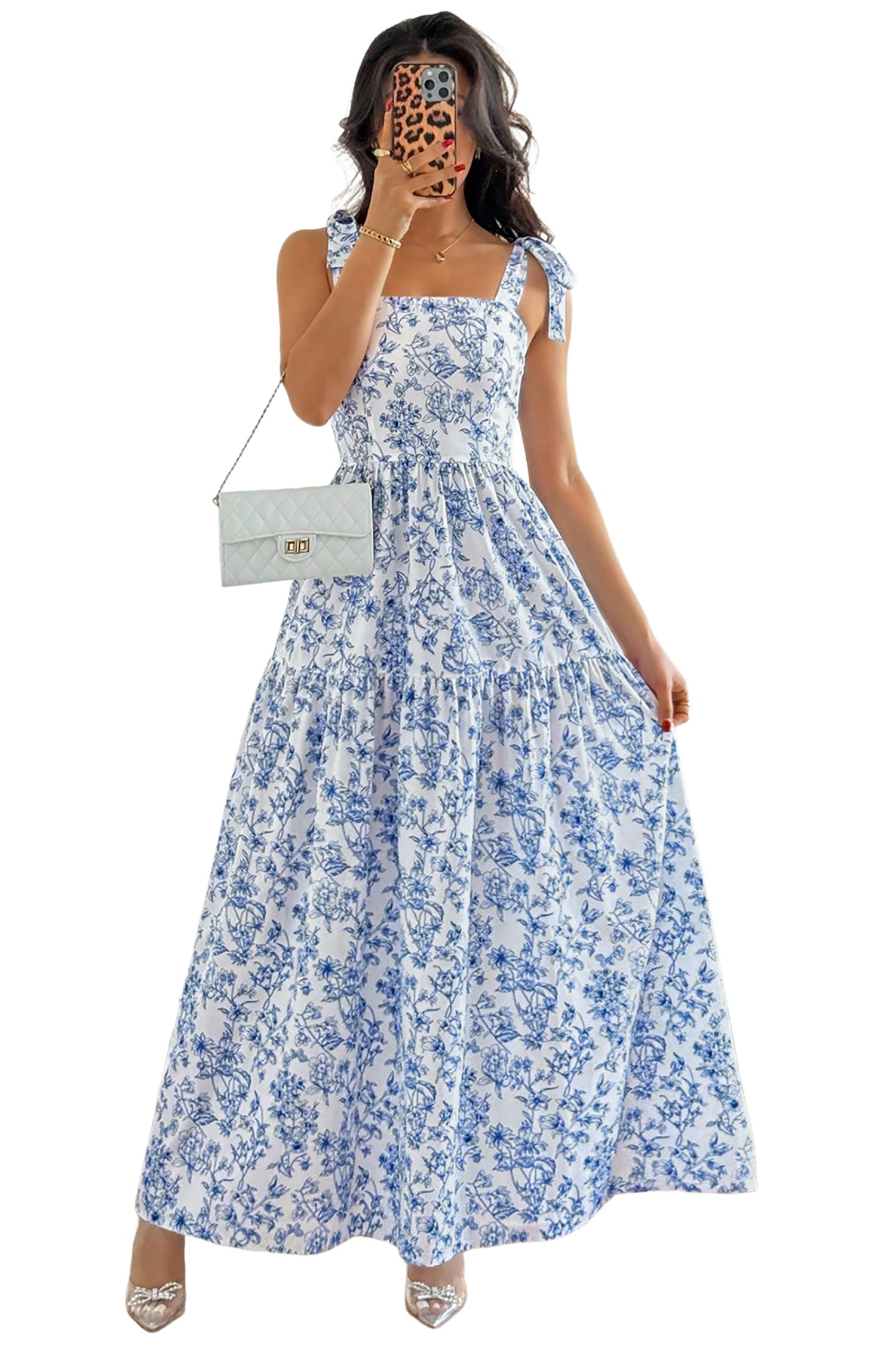 Sky Blue Floral Print Knot Strap Maxi Dress