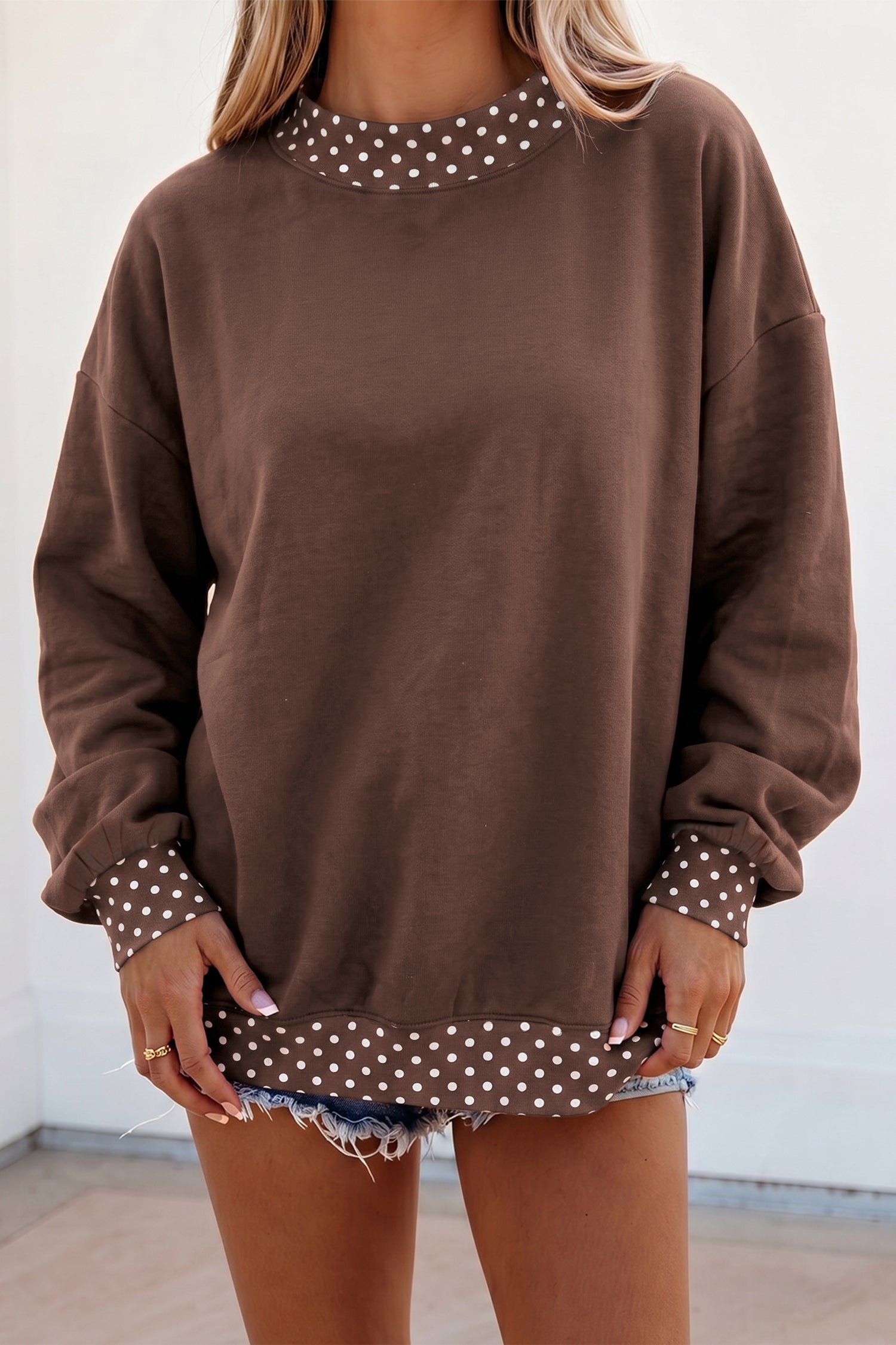 Colorblock Polka Dot Contrast Trim Oversized Sweatshirt – Red
