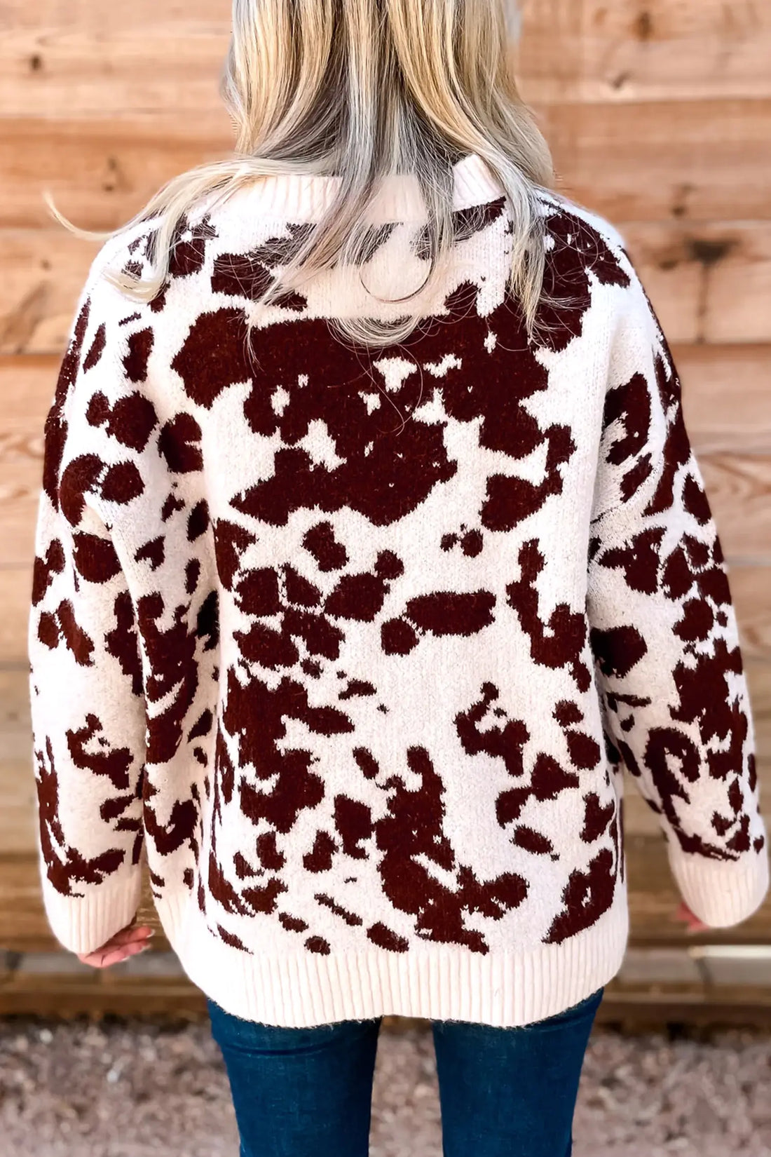 Western Print Cow Pattern Long Sleeve Round Neck Pullover Knitwear Sweater