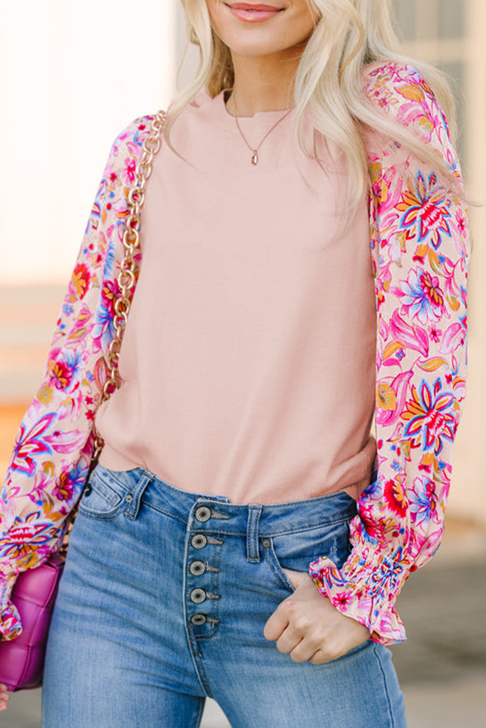 Oatmeal Floral Printed Patchwork Smocked Lantern Sleeve Knit Top eAura