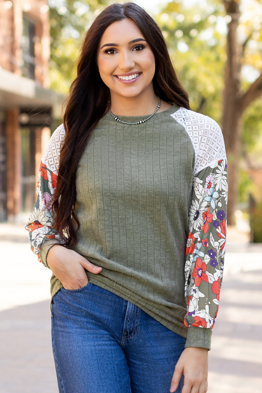 Laurel Green Floral Patchwork Long Sleeve Ribbed Blouse eAura