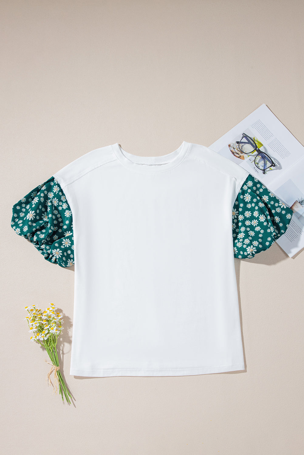 White Contrast Floral Puff Sleeve Oversized Top eAura