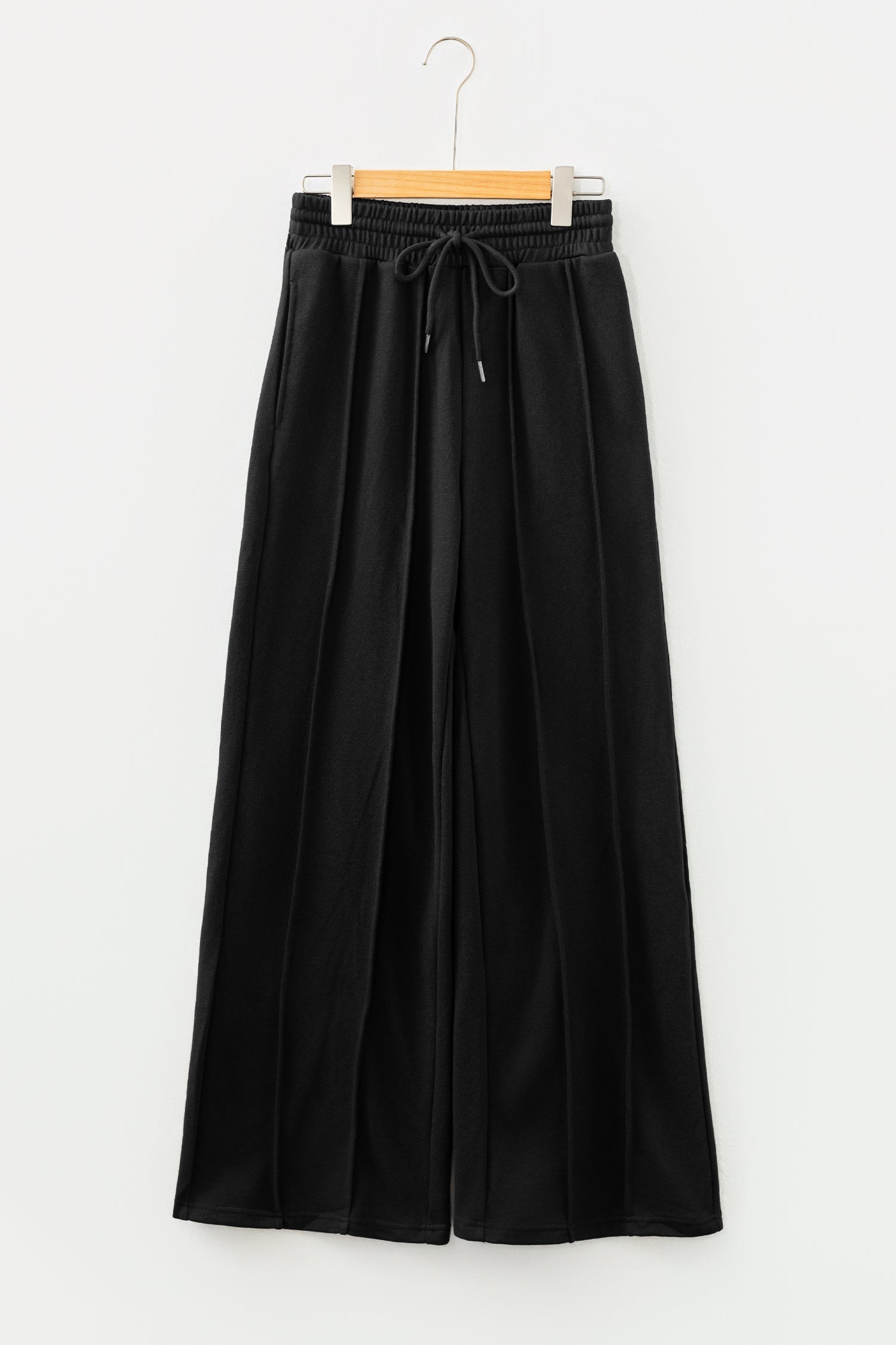 Black Seamed Drawstring High Waist Wide Leg Sweatpants - Activewear/Bottoms