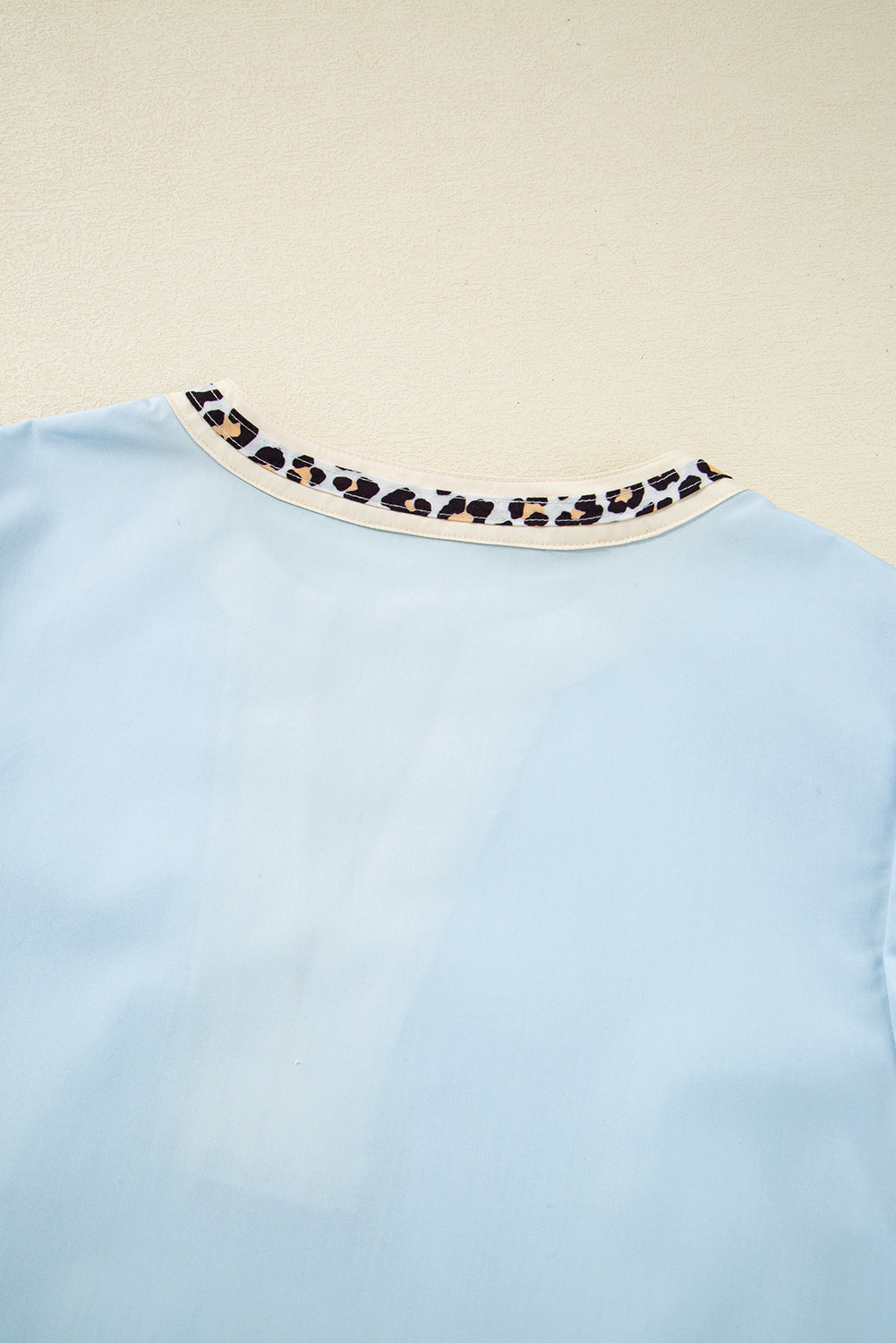 Beau Blue Contrast Leopard Trim Split Neck Puff Sleeve Blouse eAura